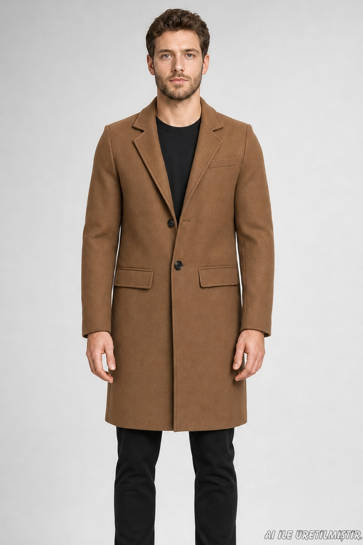 Freemen Erkek Vizon Slim Fit Kaşe Kaban Klasik Yaka 3 Düğmeli Uzun Kesim Kışlık Palto