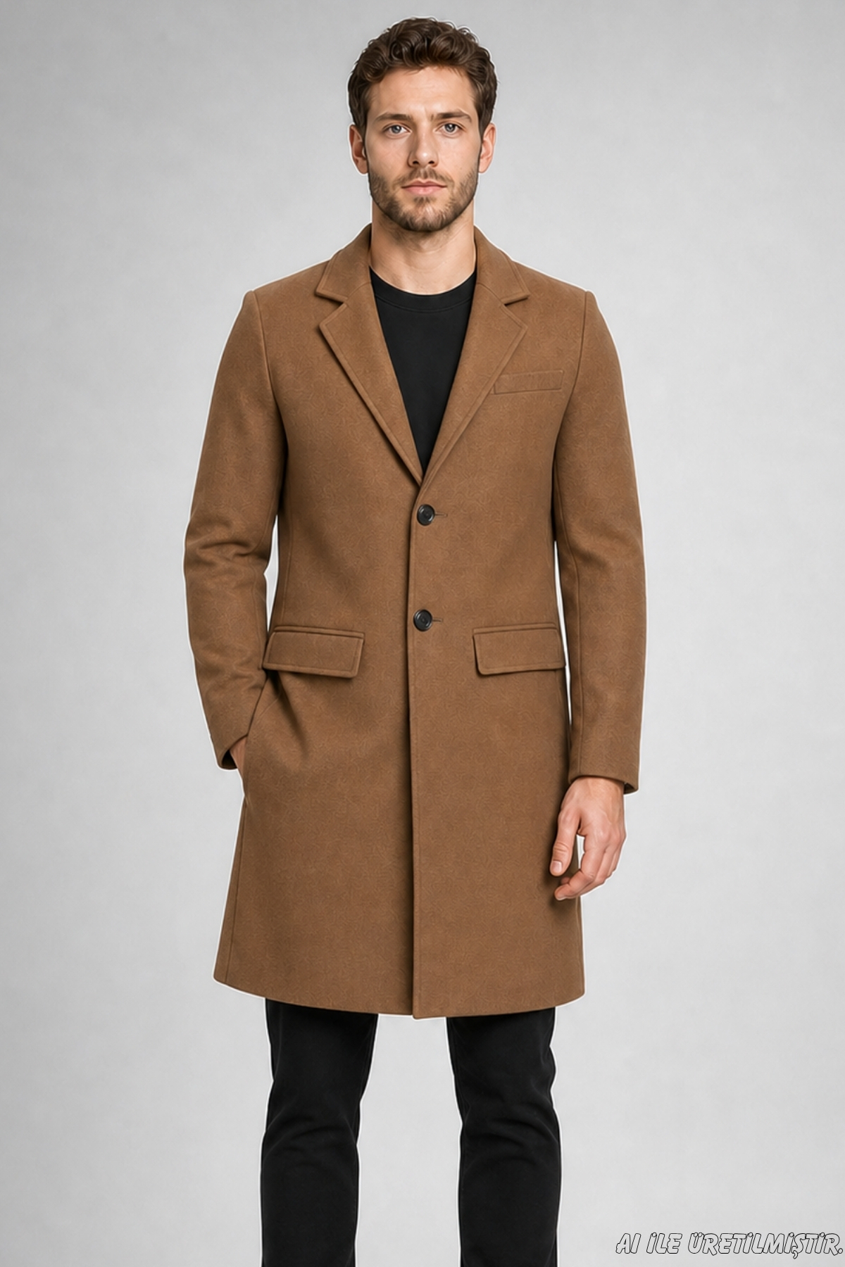 Freemen Erkek Vizon Slim Fit Kaşe Kaban Klasik Yaka 3 Düğmeli Uzun Kesim Kışlık Palto görsel 3