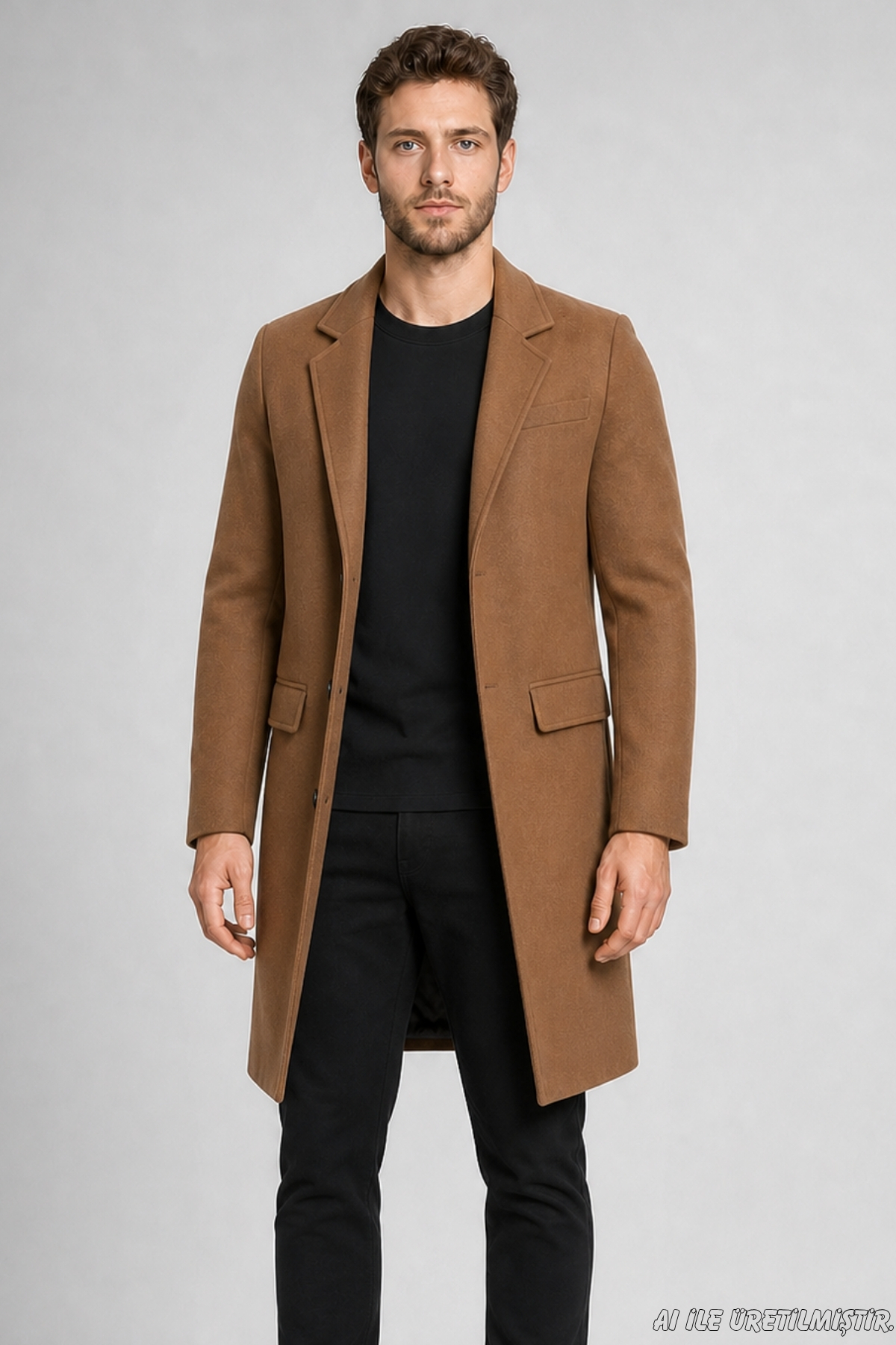Freemen Erkek Vizon Slim Fit Kaşe Kaban Klasik Yaka 3 Düğmeli Uzun Kesim Kışlık Palto görsel 2