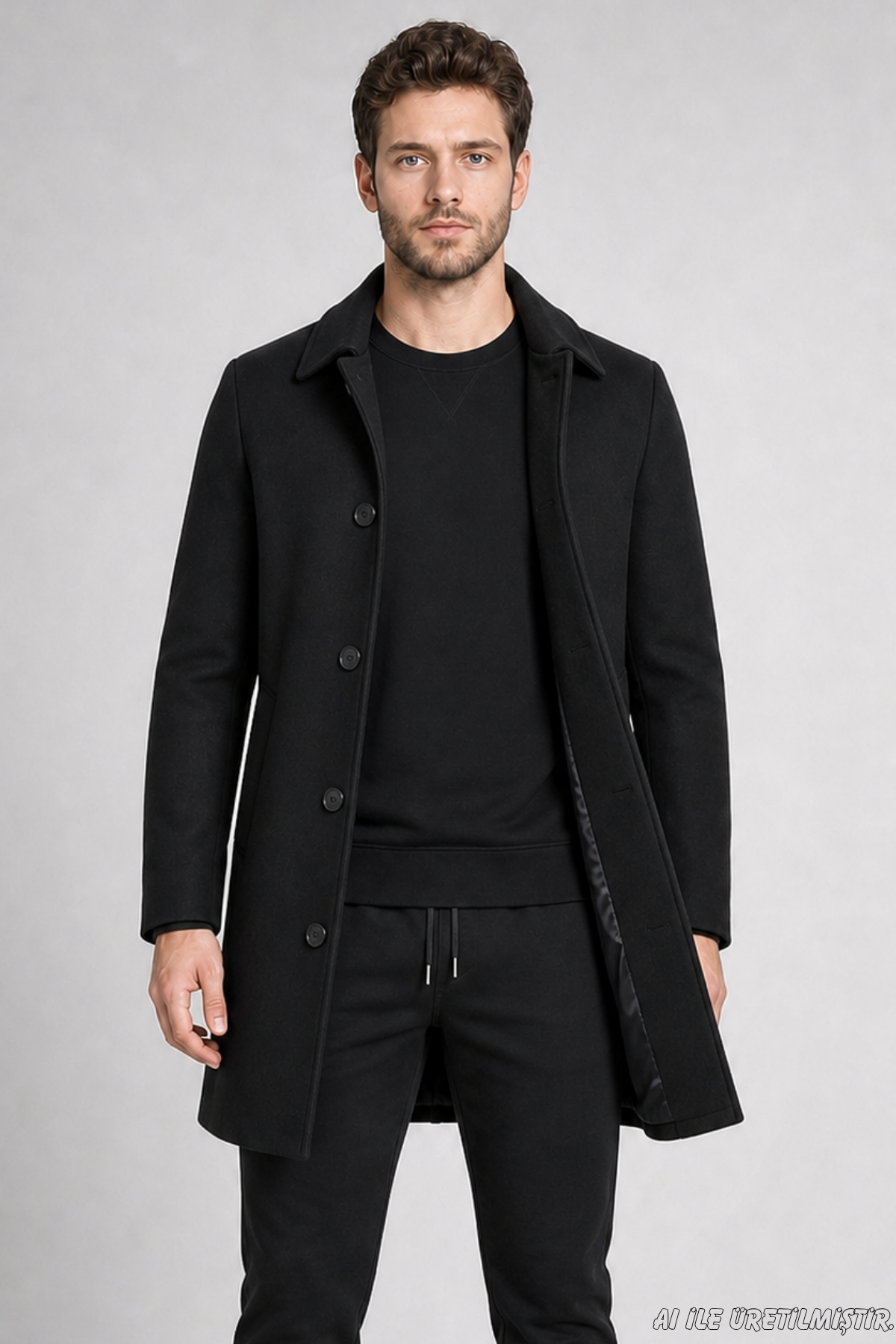 Freemen Erkek Siyah Slim Fit Kaşe Kaban Klasik Yaka 3 Düğmeli Kısa Kesim Kışlık Palto görsel 3
