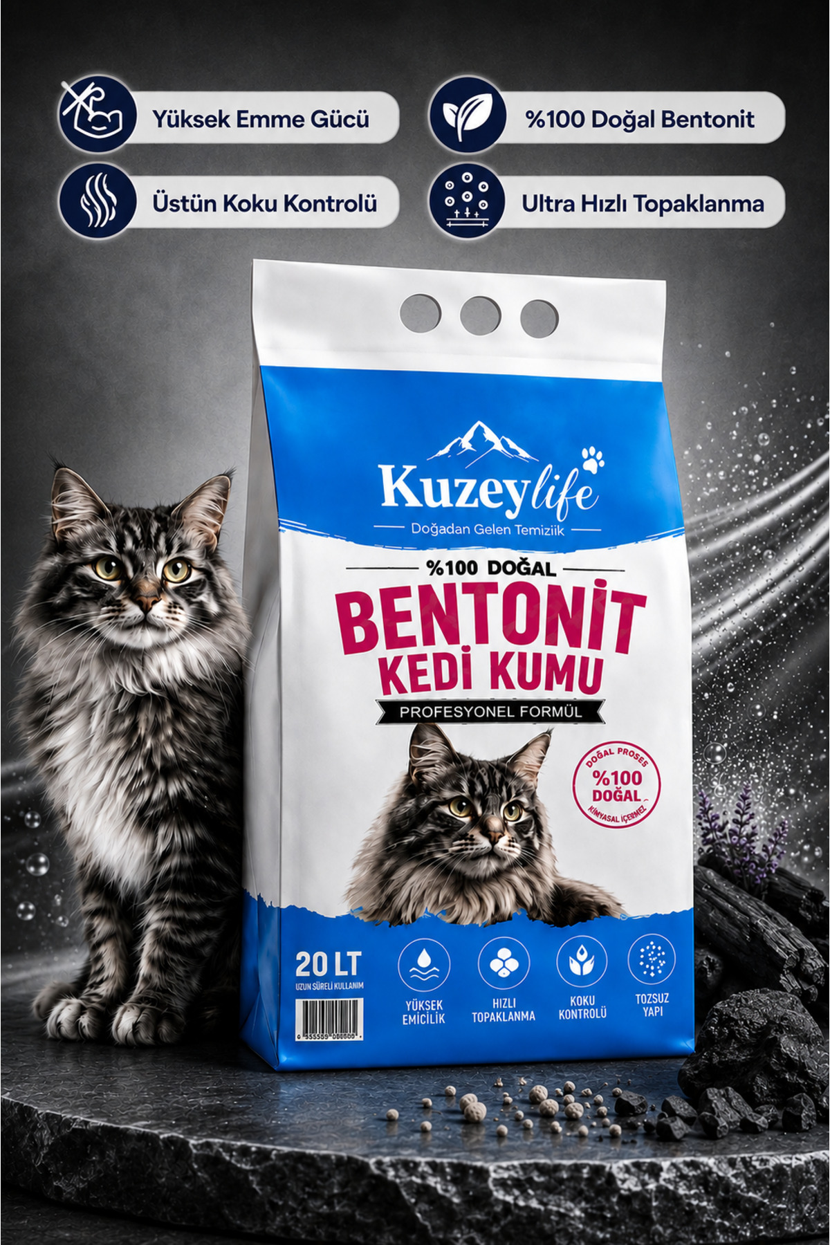 KuzeyLife Bentonit Kedi Kumu Aktif Karbon 20 Lt