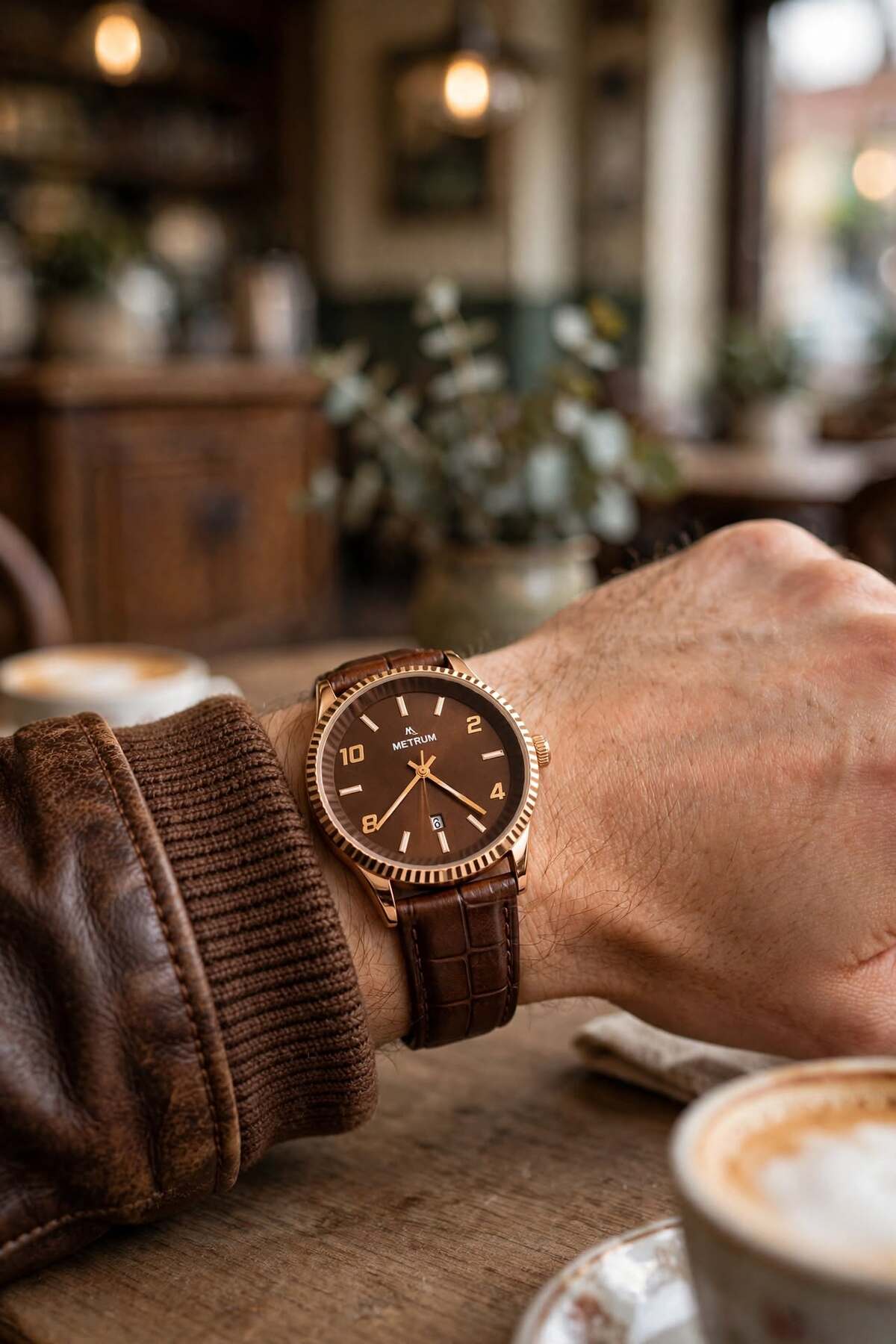 METRUM MTR 601061 Erkek Kol Saati Kahverengi Deri Erkek Saat - Rose Gold Kahve Kadran Croco 10-2-4-8 Takvimli