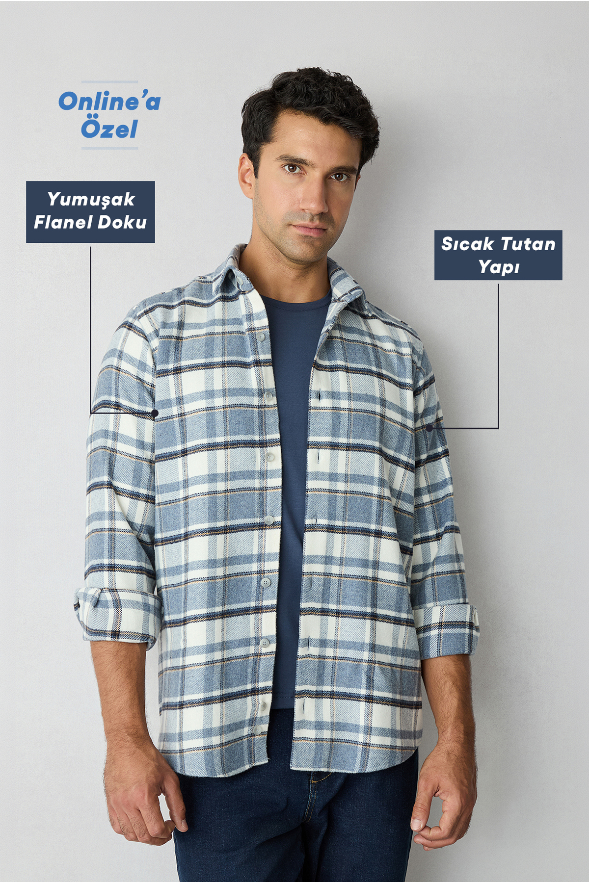 Kiğılı Uzun Kol Regular Fit Ekose Yünlü Flanel Oduncu Kışlık Gömlek — آبی KK27400000128