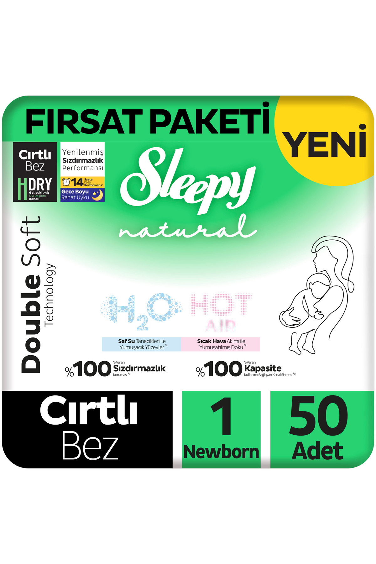 Sleepy Natural Double Soft Ultra Paket Bebek Bezi 1 Numara Newborn 50 Adet