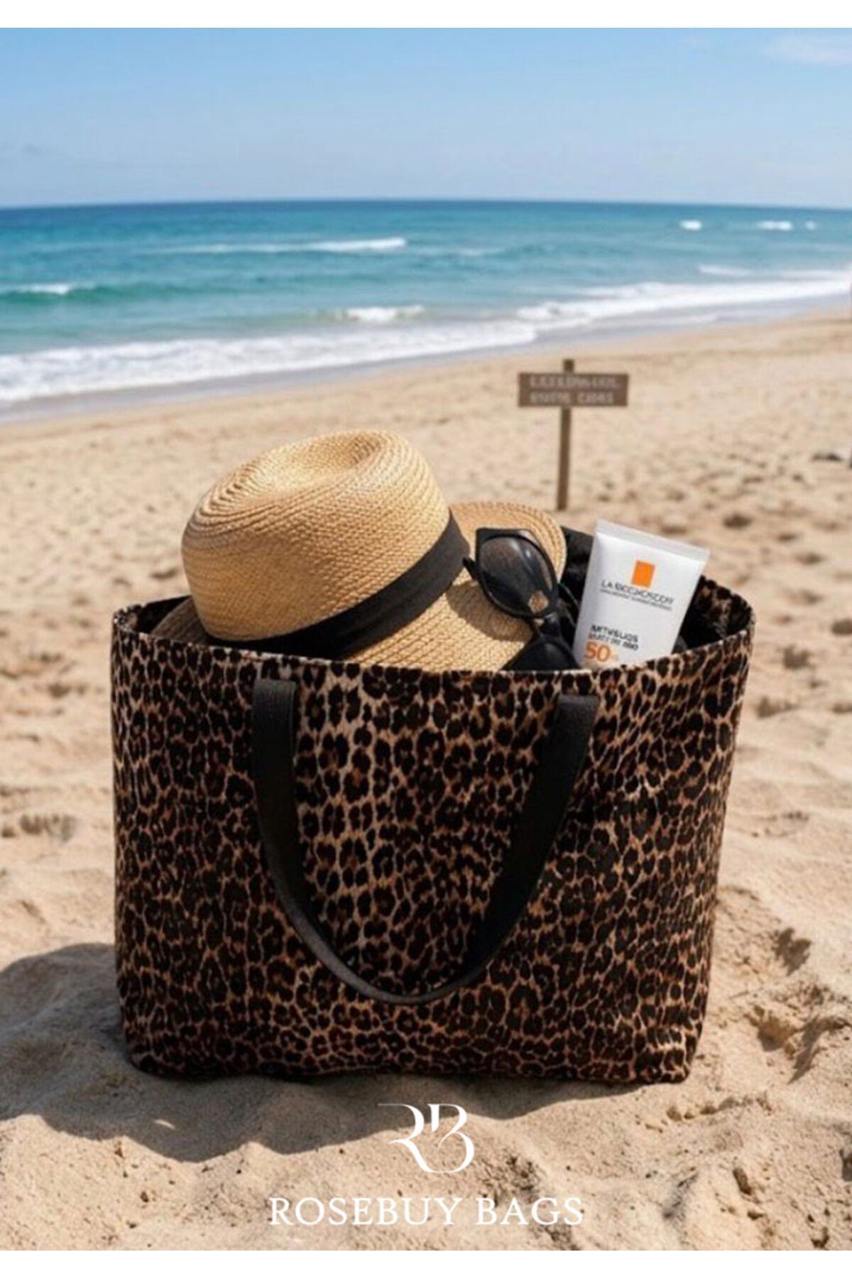 RoseBuy Bags Büyük Boy Kadın Bez Shopper Çanta, Leopar Desenli Plaj ve Günlük Omuz Çantası