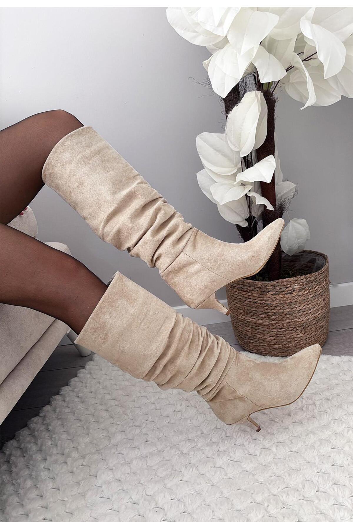 asmi shoes Kadın OSLO Topuklu Körüklü Şık Tarz Günlük Rahat Çizme Bej Süet