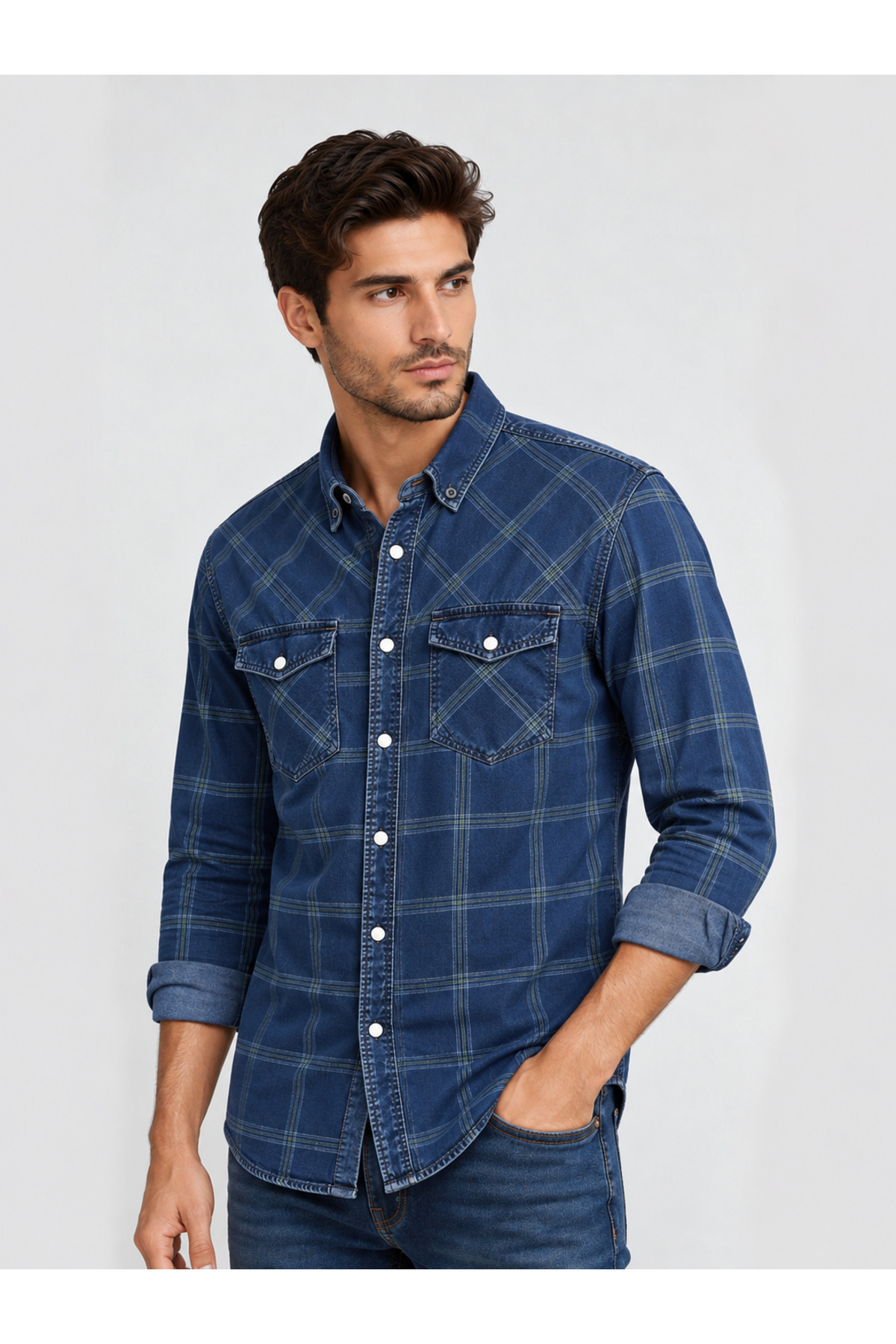 FSR FUSARO Erkek Denim Ekose Pamuklu Çıtçıt Düğmeli Slim Fit Uzun Kollu Gömlek