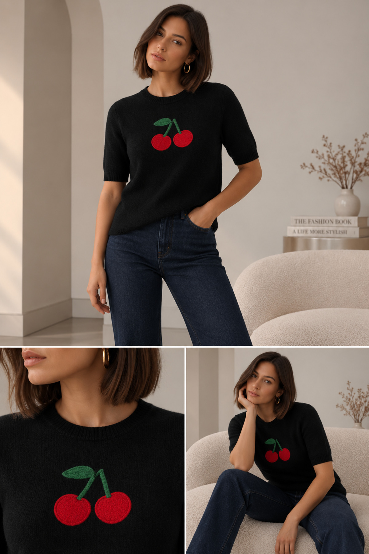 OYERGA MODA Kadın Kısa Kollu Kiraz Desenli Kazak görsel 4