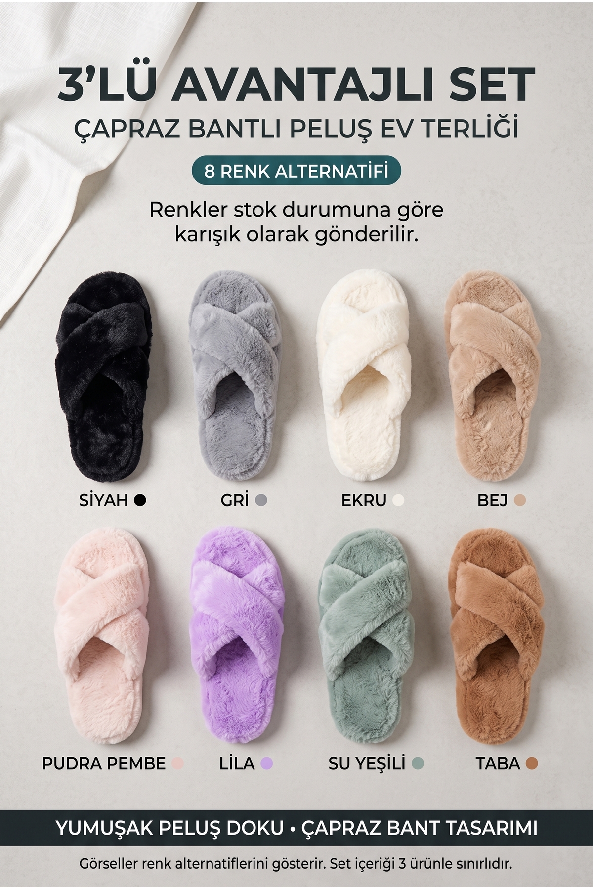 3’lü Avantajlı Paket Peluş Kadın Ev Terliği Misafir Terliği Seti Sessiz Taban Yıkanabilir