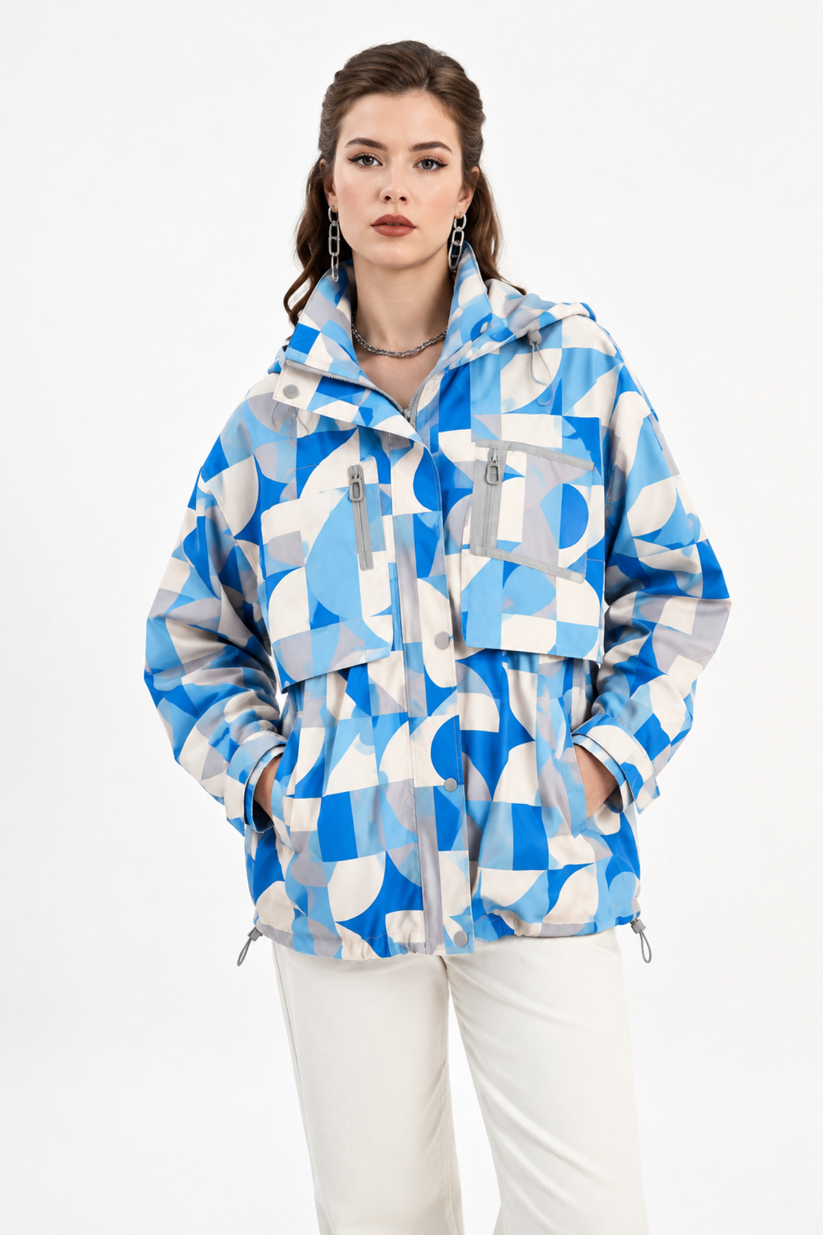 İLKCET MODA Geometrik Desenli Oversize Kadın Yağmurluk