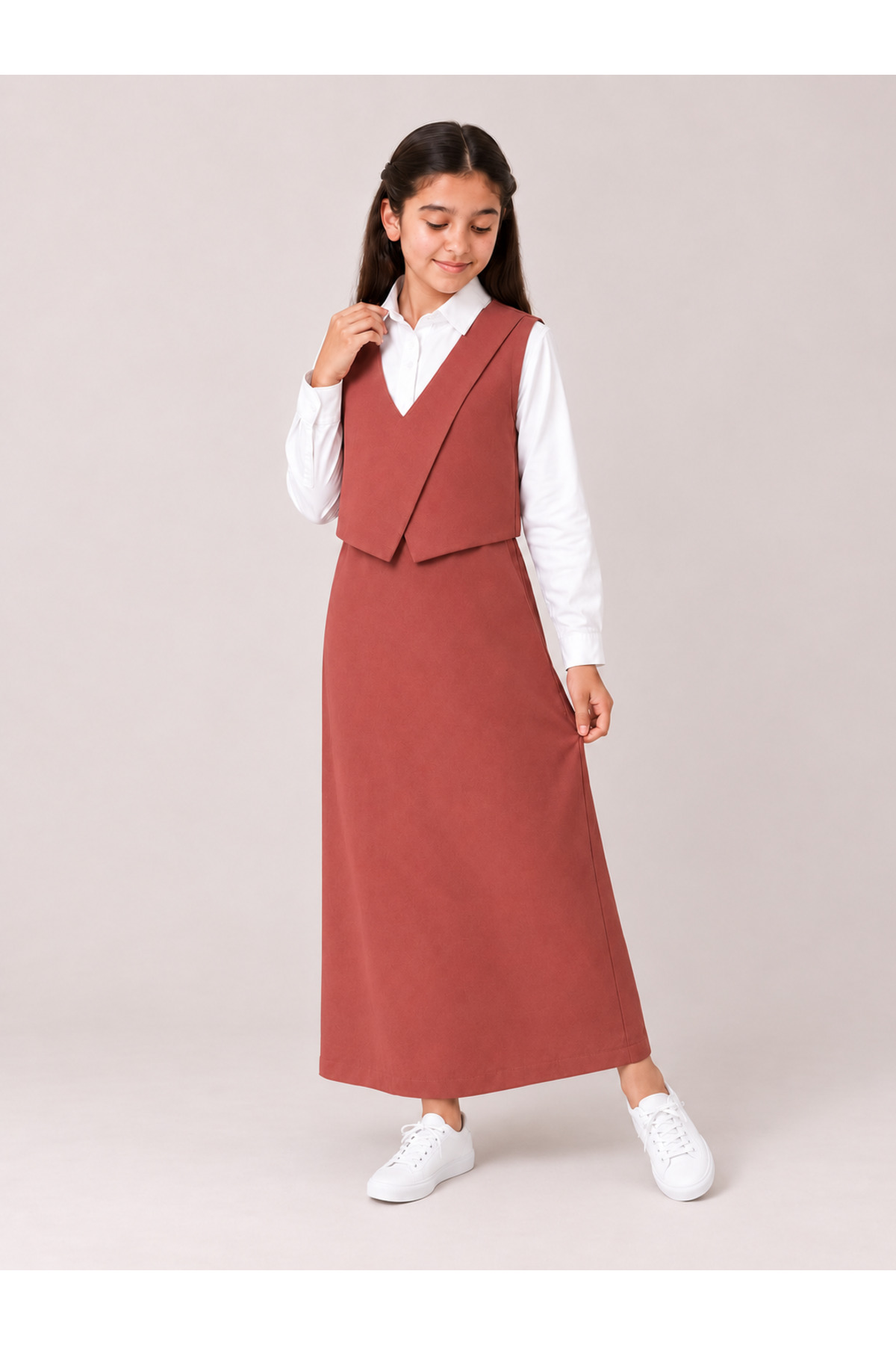 Primary School Uniform Two-Piece Set with Attached Vest and White Shirt - Earthy Tone