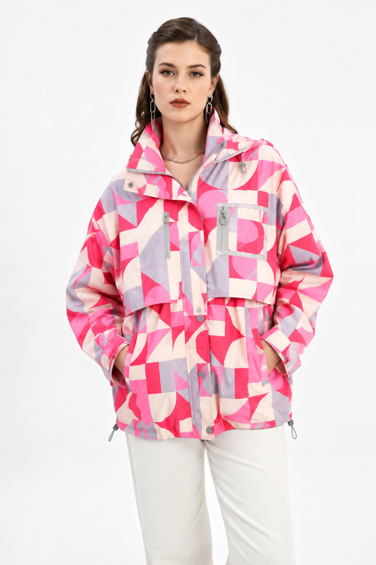 İLKCET MODA Geometrik Desenli Oversize Kadın Yağmurluk