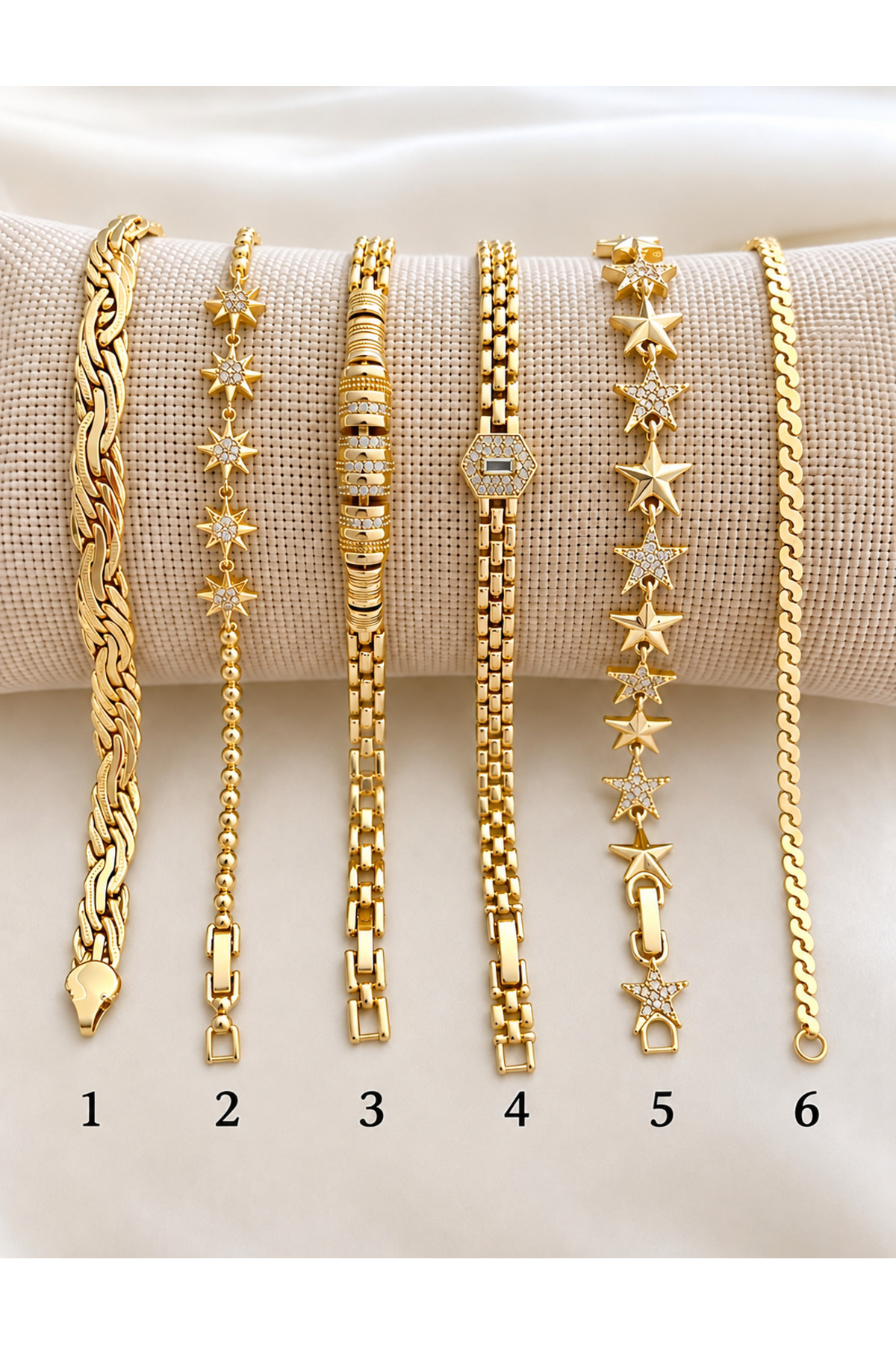 GOSEA Kadın 14K Gold Paslanmaz Çelik Kararma Solma Yapmaz Zirkon Taşlı Yıldızlı ve Kalın Örgü Zincir Tasarım Bileklik