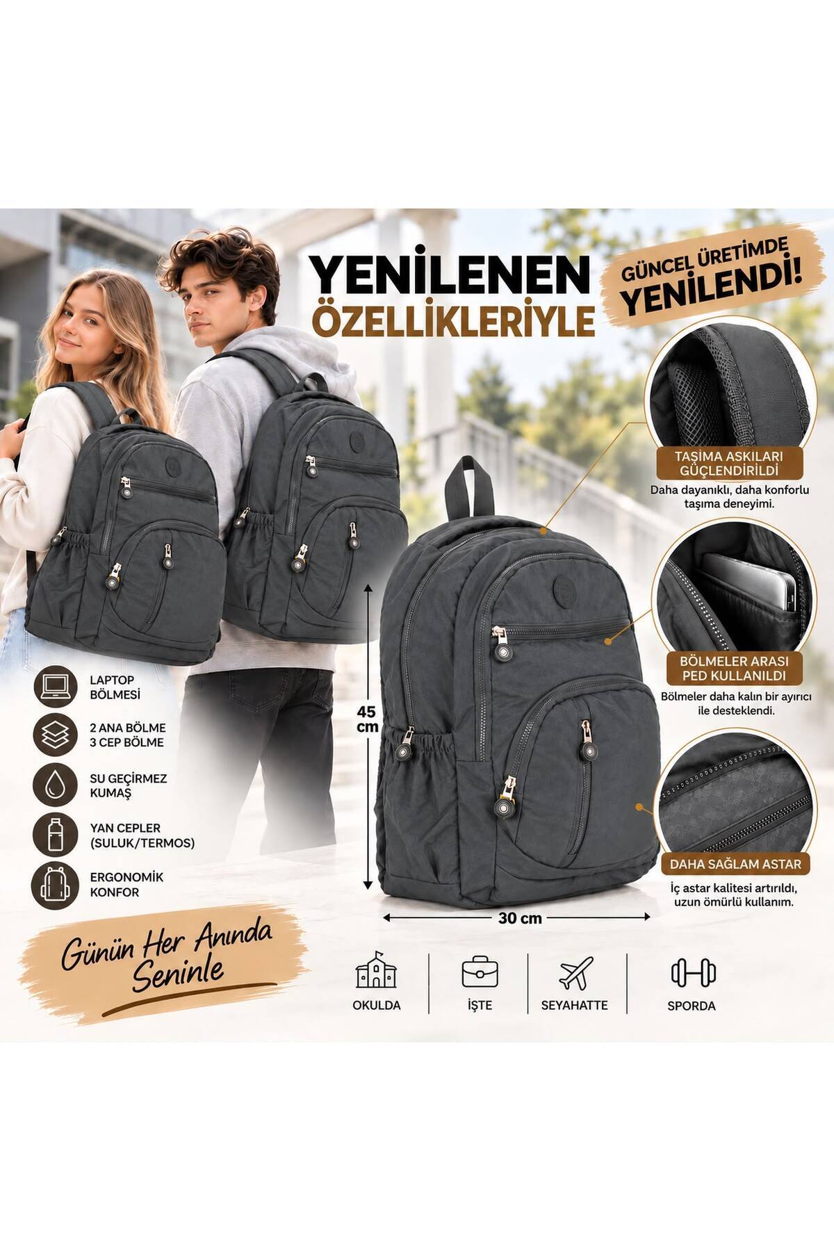 citycenterfashion Unisex Güçlendirilmiş Askı ve Astarıyla Lüx Krinkıl Su Geçirmez Kumaş Büyük Boy cty-lbn-101 Çok Gözlü Okul ve Seyahat Çantası görsel 3