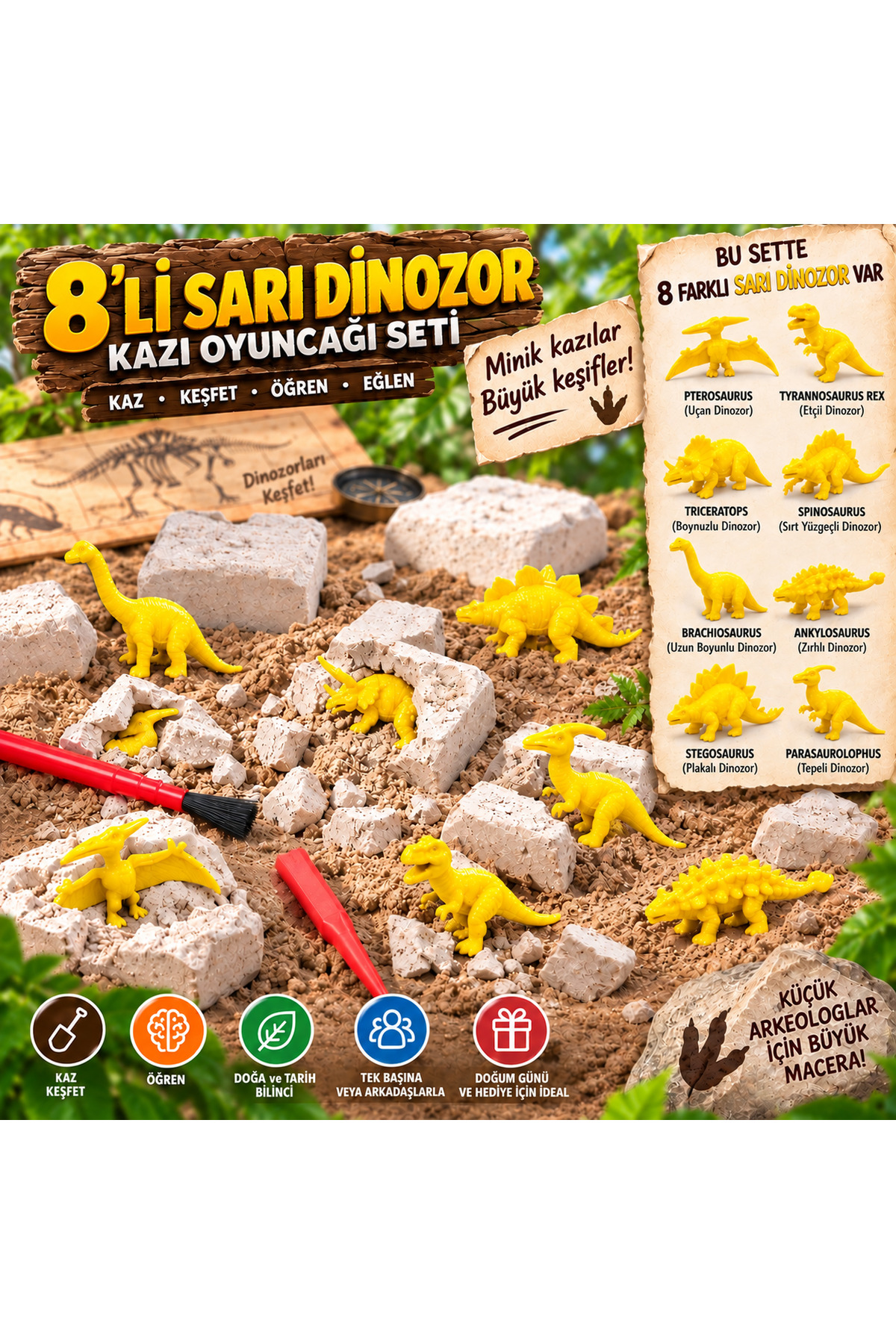 AZİZ OYUNCAK 💛 8'li Sarı Dinozor Kazı Kiti | Dinozor Kazı