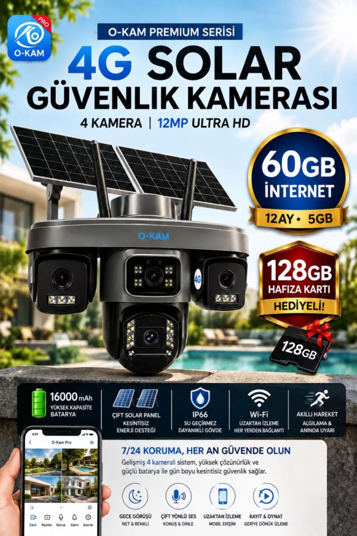 O-KAM OK335 Premium Serisi 12MP 4 Kameralı 4G Çift Solar Panel