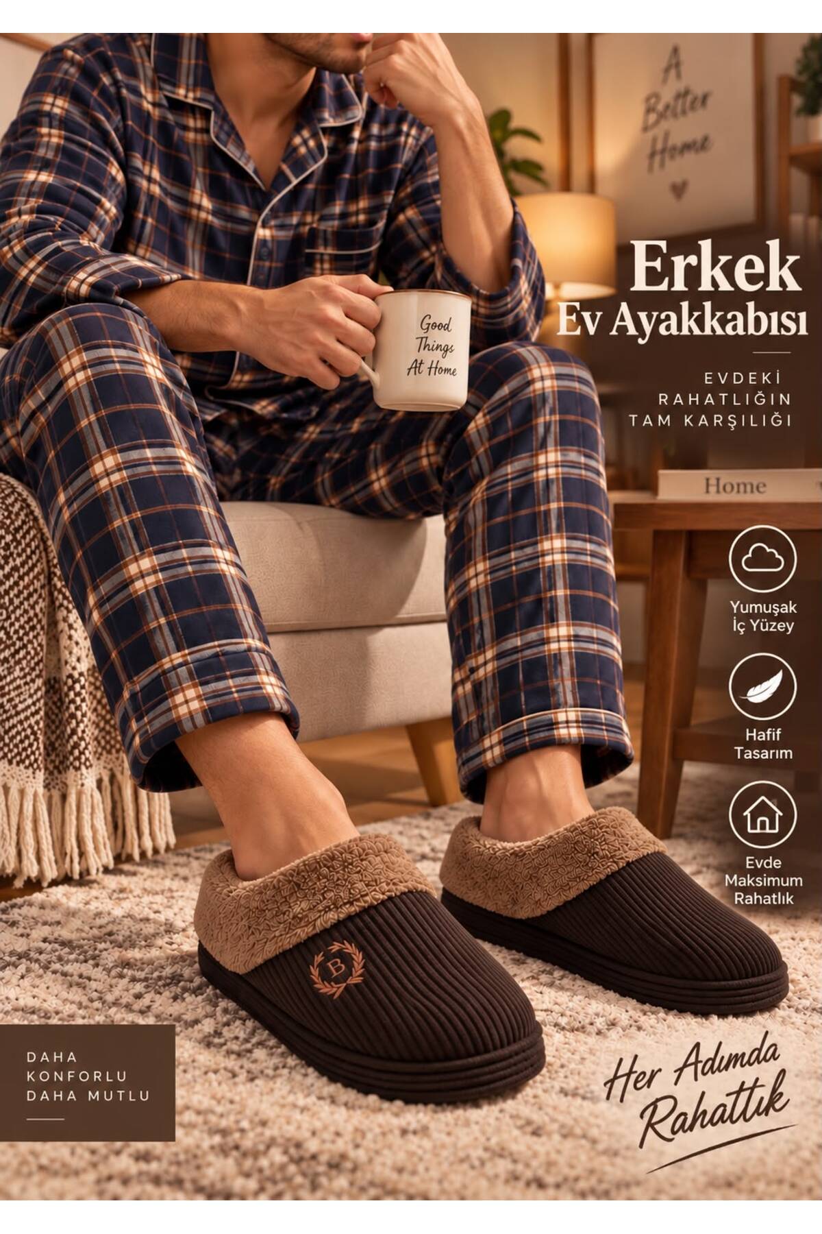 redtan Erkek Kahverengi Lüks Ev Terliği Fitilli Kadife İçi Peluş Kaymaz Taban Kışlık Ev Ayakkabısı