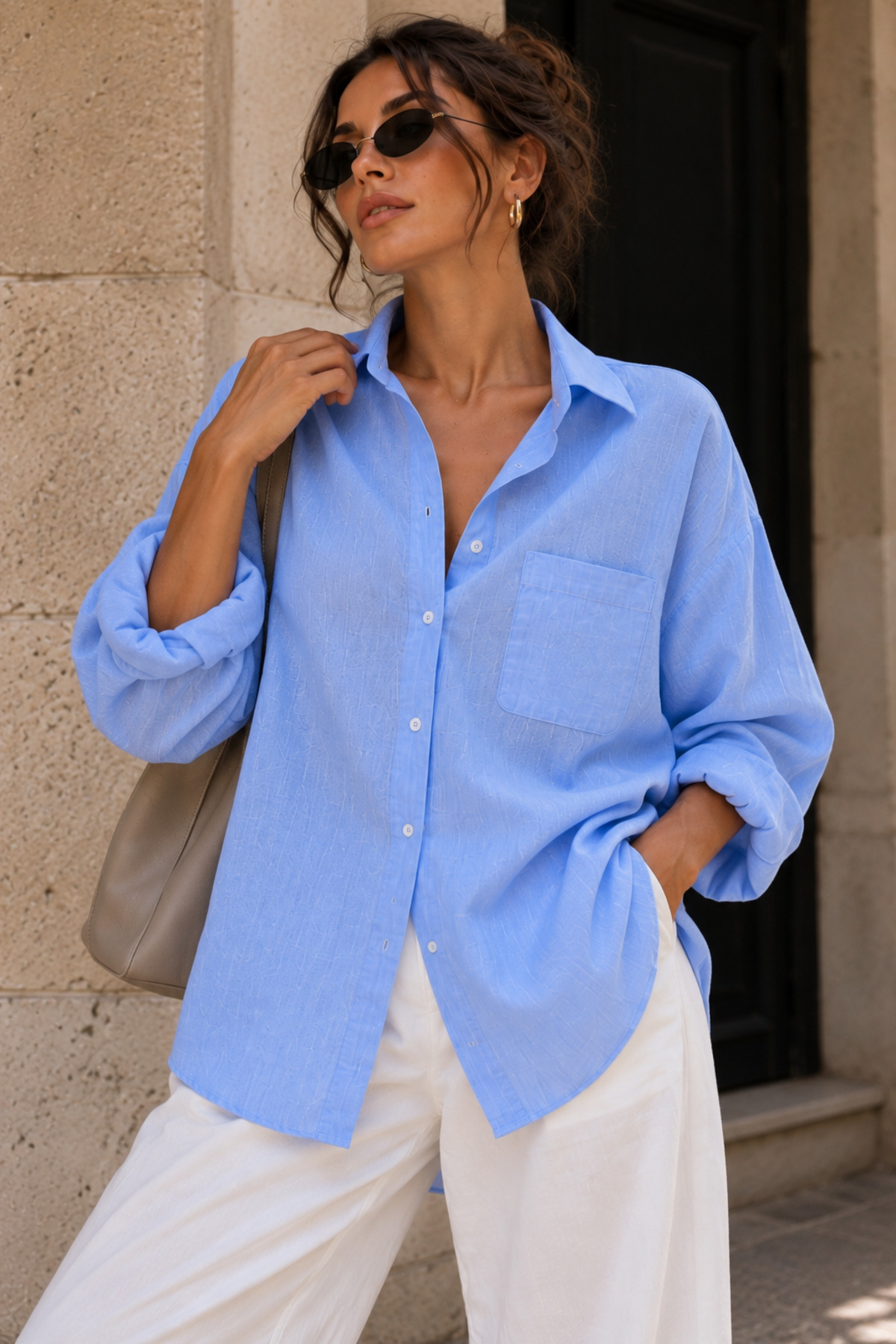 bb butik basic Oversize Keten Dokulu %100 Pamuk Salaş Gömlek Bb-ku3435