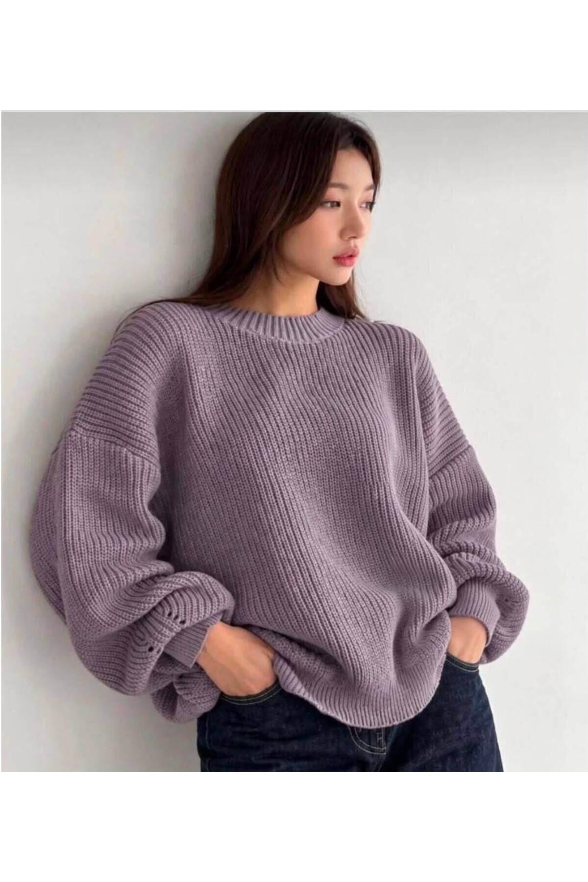 Kırlangıç Moda Lila Oversize Bisiklet Yaka Kadın Triko Kazak görsel 3