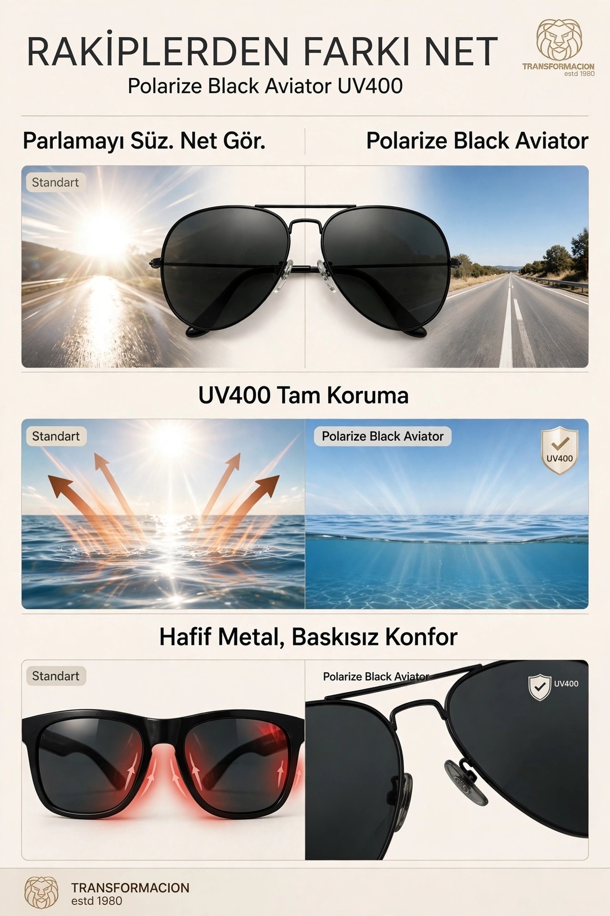 Transformacion Polarize Black Aviator Güneş Gözlüğü UV400 Korumalı Erkek Kadın Klasik Siyah Pilot Gözlük Ekartman 57mm 718306 görsel 6