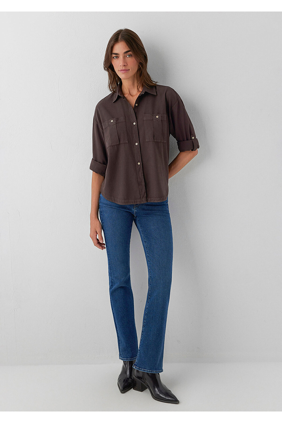 Düğme Detaylı Kahverengi Gömlek Loose Fit / Bol Rahat Kesim 1211383-70240 — قهوه‌ای — تصویر 2 از 8
