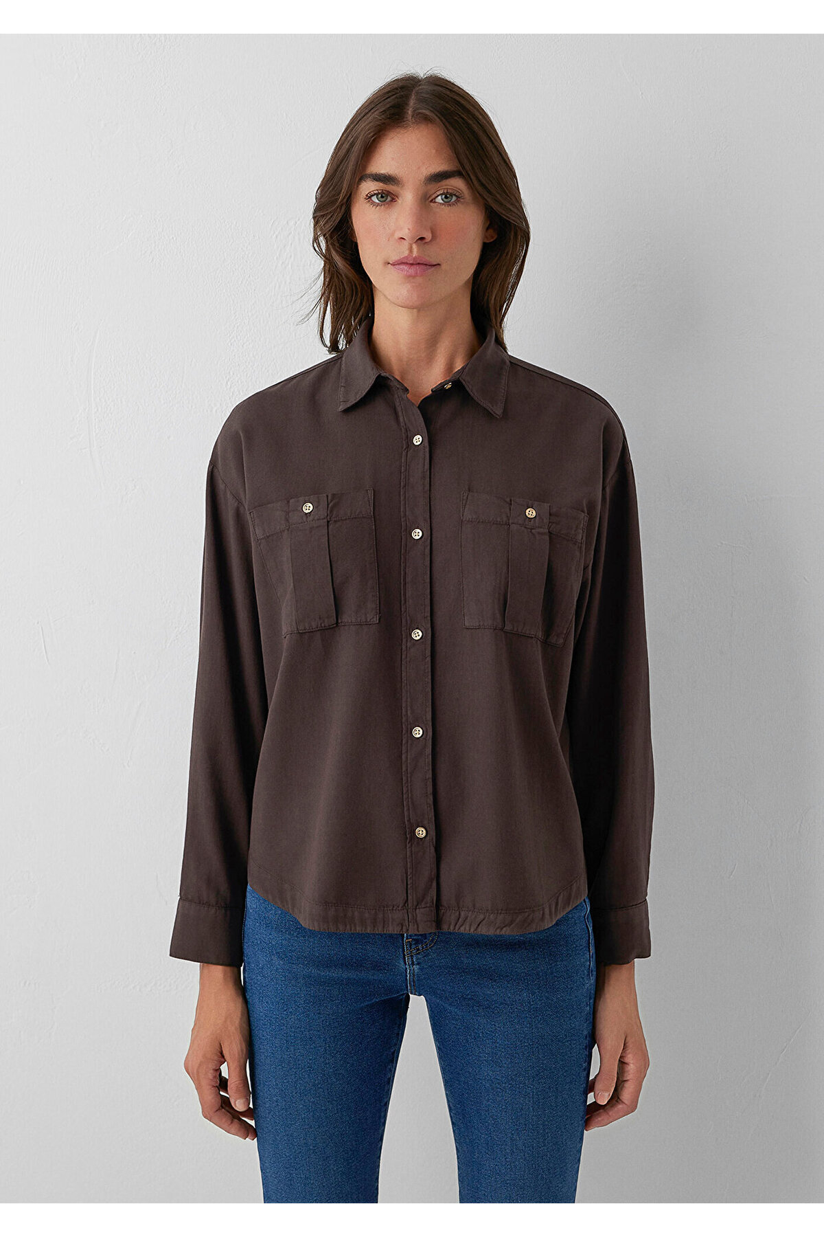 Düğme Detaylı Kahverengi Gömlek Loose Fit / Bol Rahat Kesim 1211383-70240 — قهوه‌ای — تصویر 3 از 8