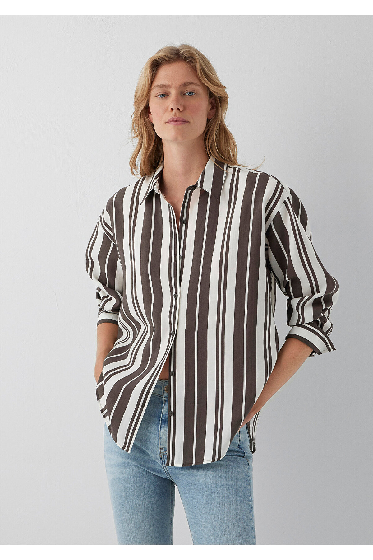Kahverengi Çizgili Gömlek Loose Fit / Bol Rahat Kesim 1220395-A6726 — قهوه‌ای — تصویر 3 از 8