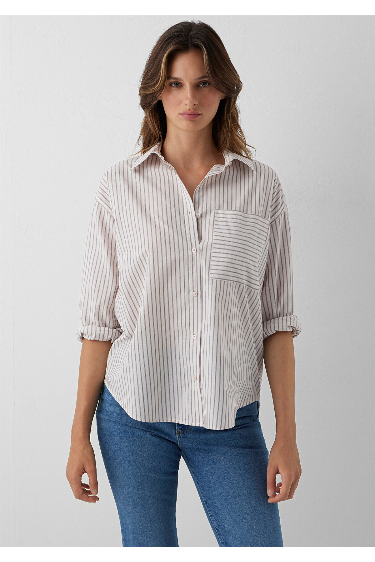 Bordo Çizgili Gömlek Loose Fit / Bol Rahat Kesim 1211201-87982 — اکرو — تصویر 2 از 7