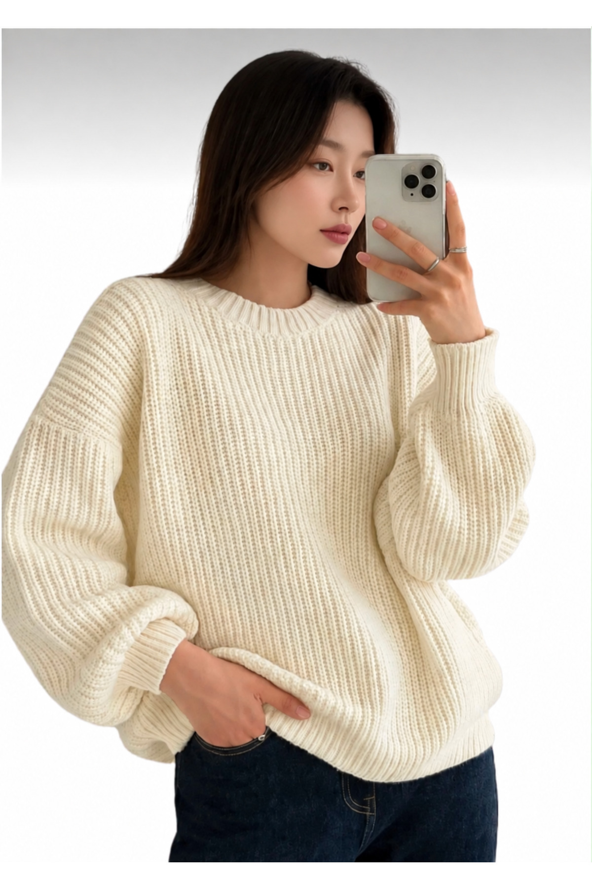 Kırlangıç Moda Ekru Oversize Bisiklet Yaka Kadın Triko Kazak görsel 4