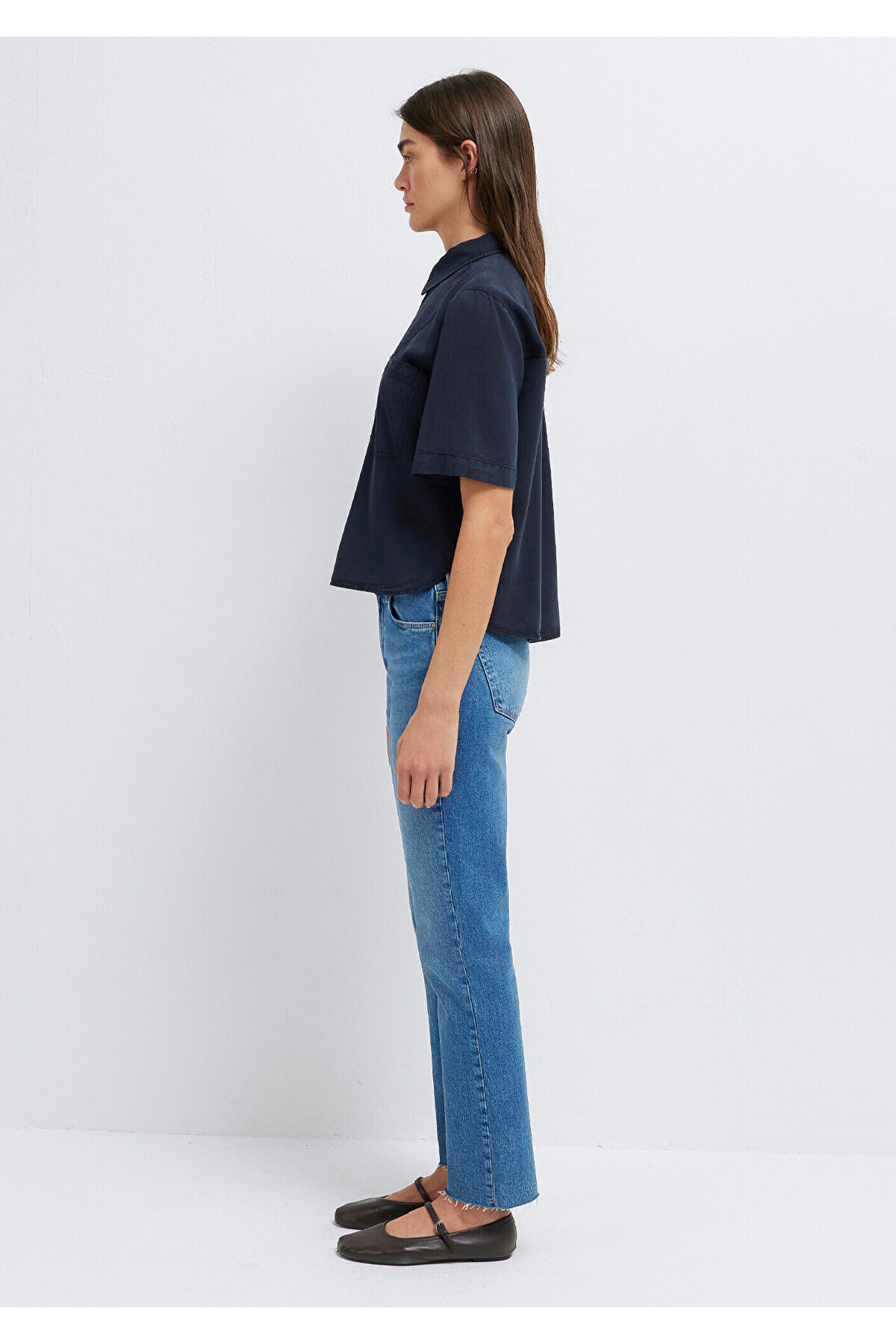 Lacivert Crop Gömlek Loose Fit / Bol Rahat Kesim 1211458-91598 — سرمه‌ای — تصویر 5 از 8