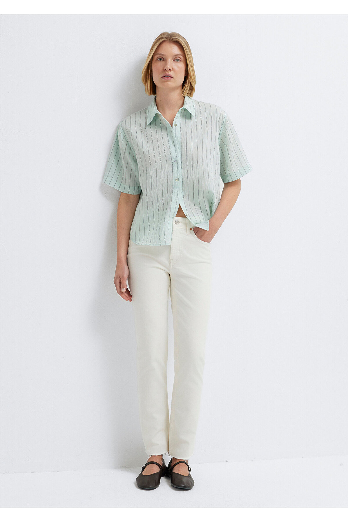 Çizgili Yeşil Crop Gömlek Loose Fit / Bol Rahat Kesim 1211459-91506 — سبز — تصویر 2 از 8