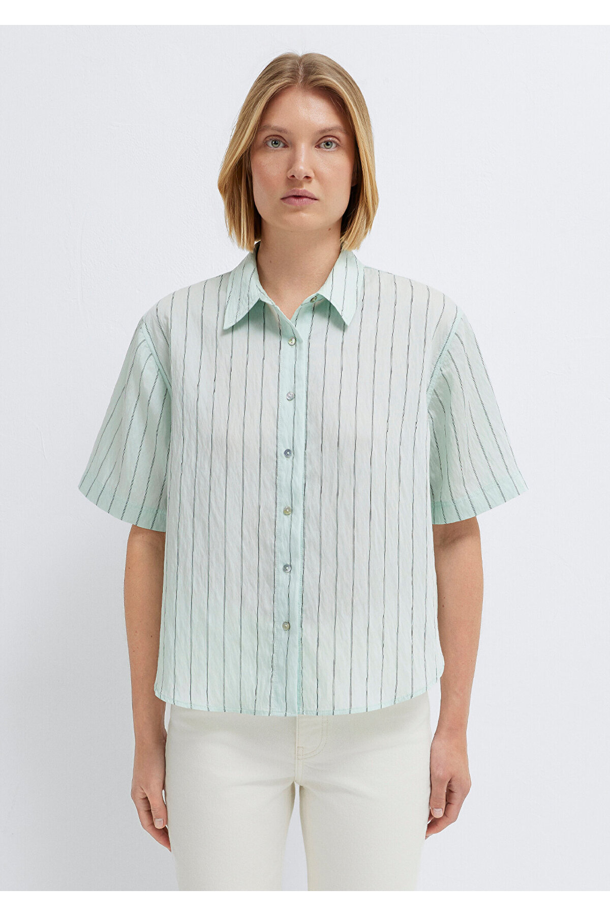 Çizgili Yeşil Crop Gömlek Loose Fit / Bol Rahat Kesim 1211459-91506 — سبز — تصویر 4 از 8