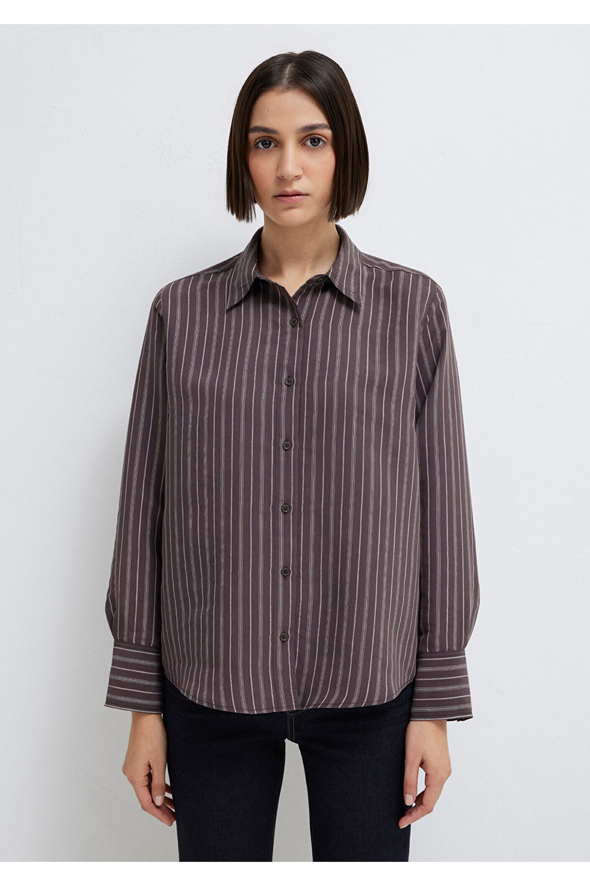 Mor (TENCEL™) Liyosel Karışımlı Gömlek Loose Fit / Bol Rahat Kesim 1211373-91534 — قهوه‌ای — تصویر 3 از 7