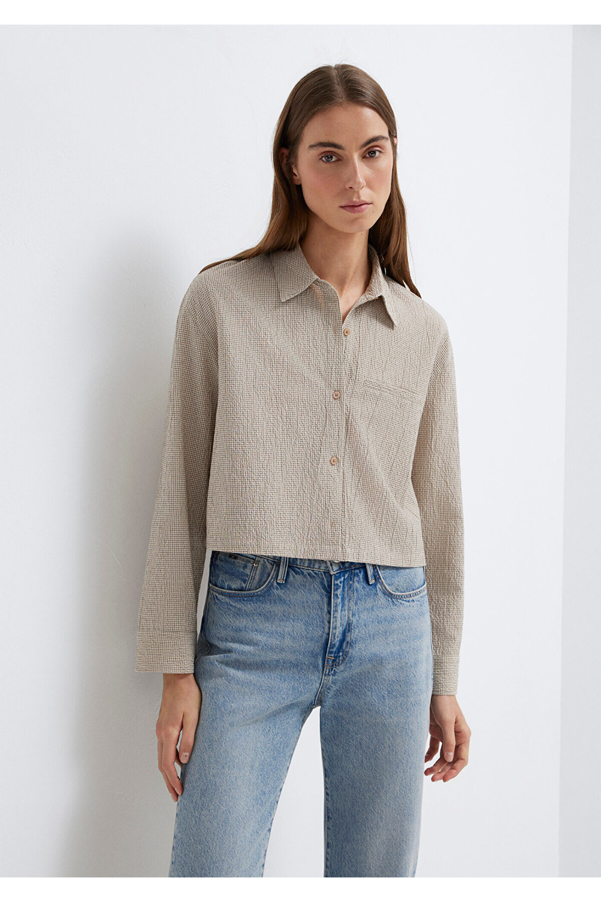 Kahverengi Ekose Crop Gömlek Loose Fit / Bol Rahat Kesim 1211388-83169 — قهوه‌ای — تصویر 3 از 8