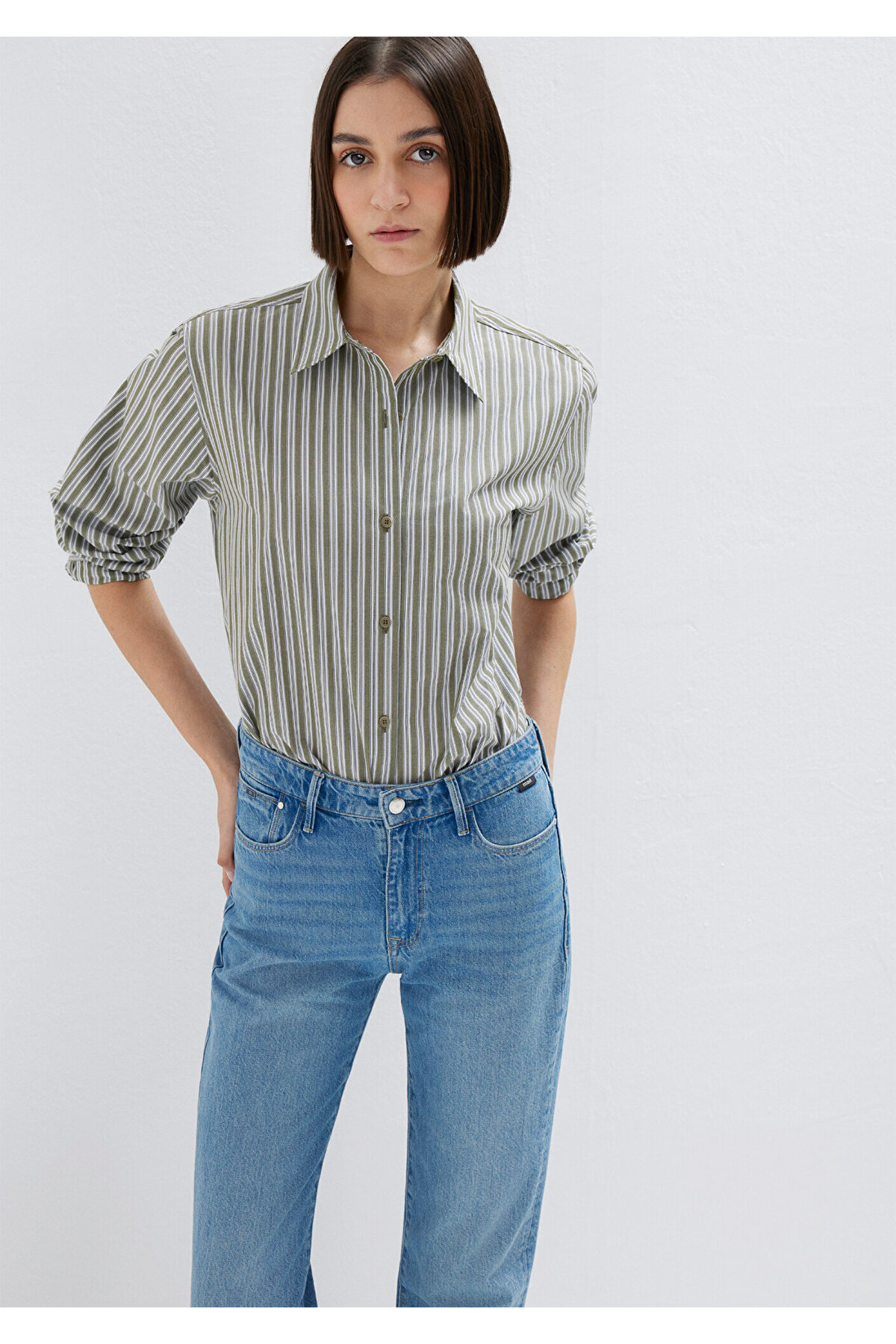 Mavi Çizgili Yeşil Gömlek Loose Fit / Bol Rahat Kesim 1211386-85171 — سبز