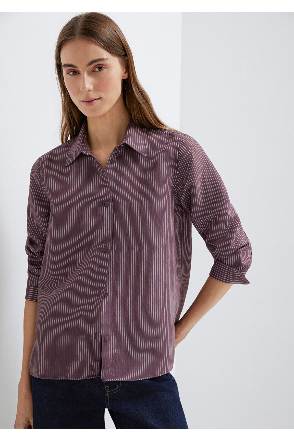 Çizgili (TENCEL™) Liyosel Karışımlı Gömlek Regular Fit / Normal Kesim 1211374-91569 — بنفش — تصویر 3 از 8