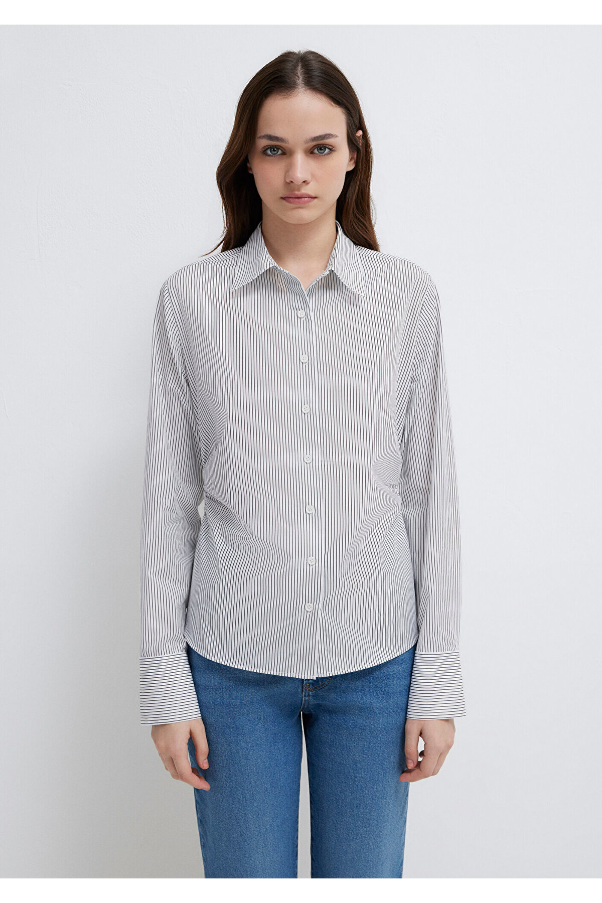 Antrasit Çizgili Beyaz Gömlek Slim Fit / Dar Kesim 1211378-91377 — سفید — تصویر 3 از 7