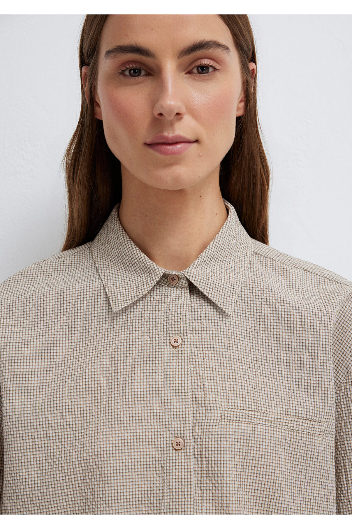 Kahverengi Ekose Crop Gömlek Loose Fit / Bol Rahat Kesim 1211388-83169 — قهوه‌ای — تصویر 7 از 8