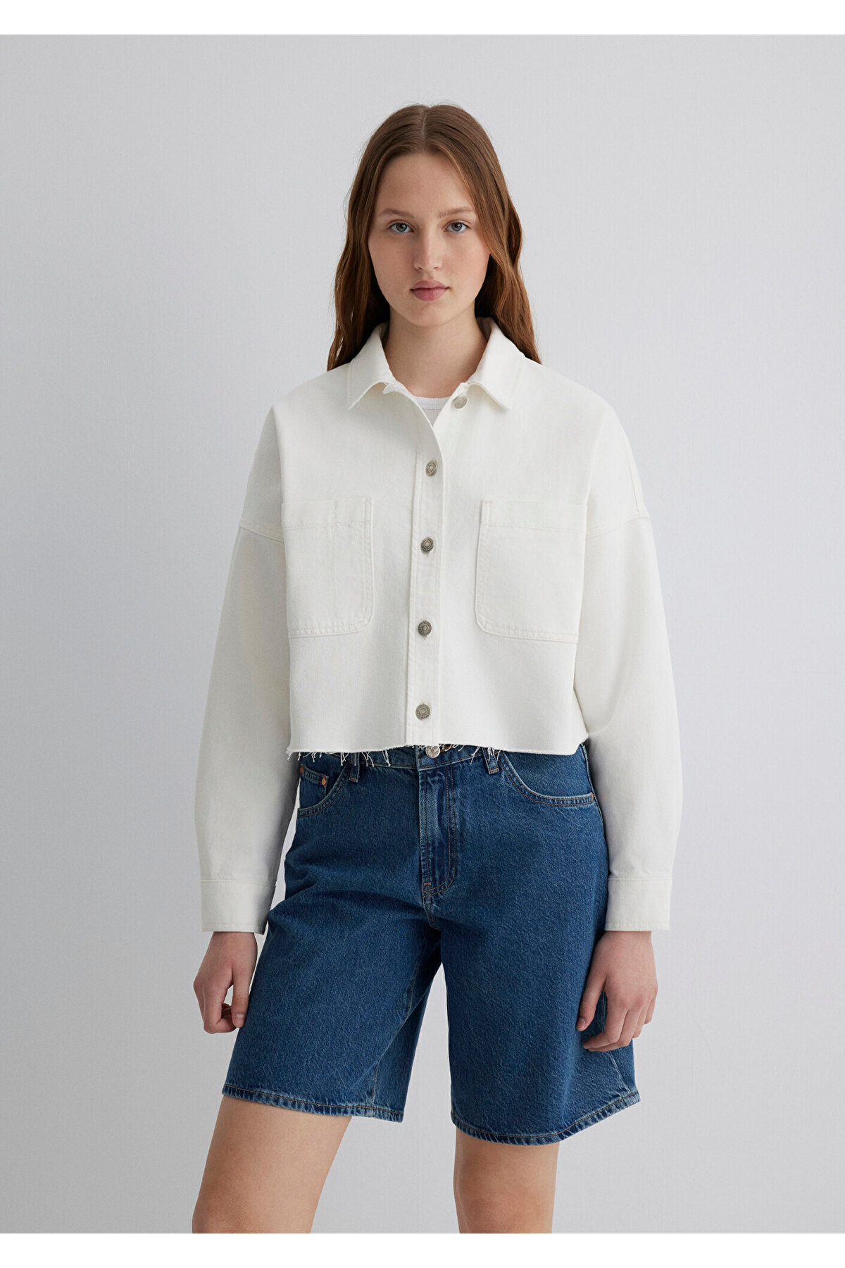 90lar Beyaz Jean Gömlek Crop / Kısa Kesim 1210244-86440 — سفید — تصویر 3 از 6