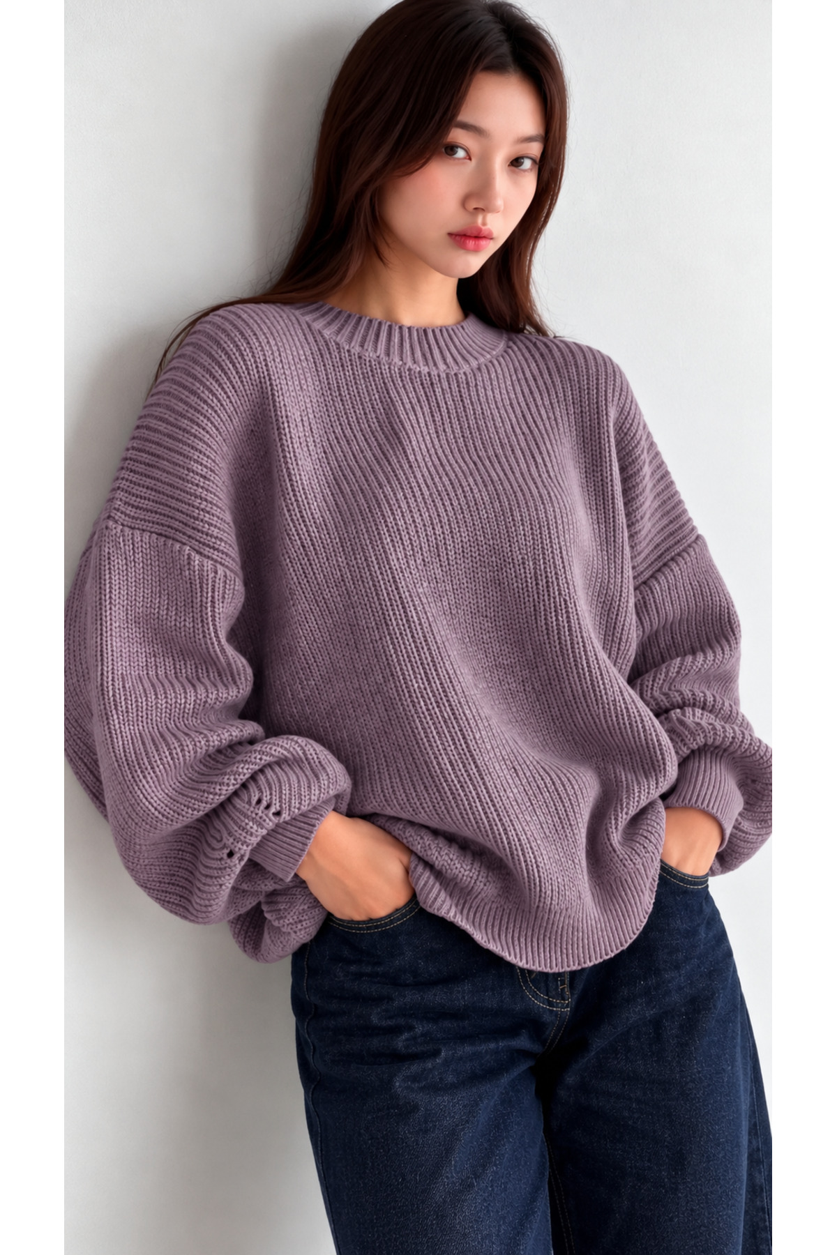 Kırlangıç Moda Lila Oversize Bisiklet Yaka Kadın Triko Kazak