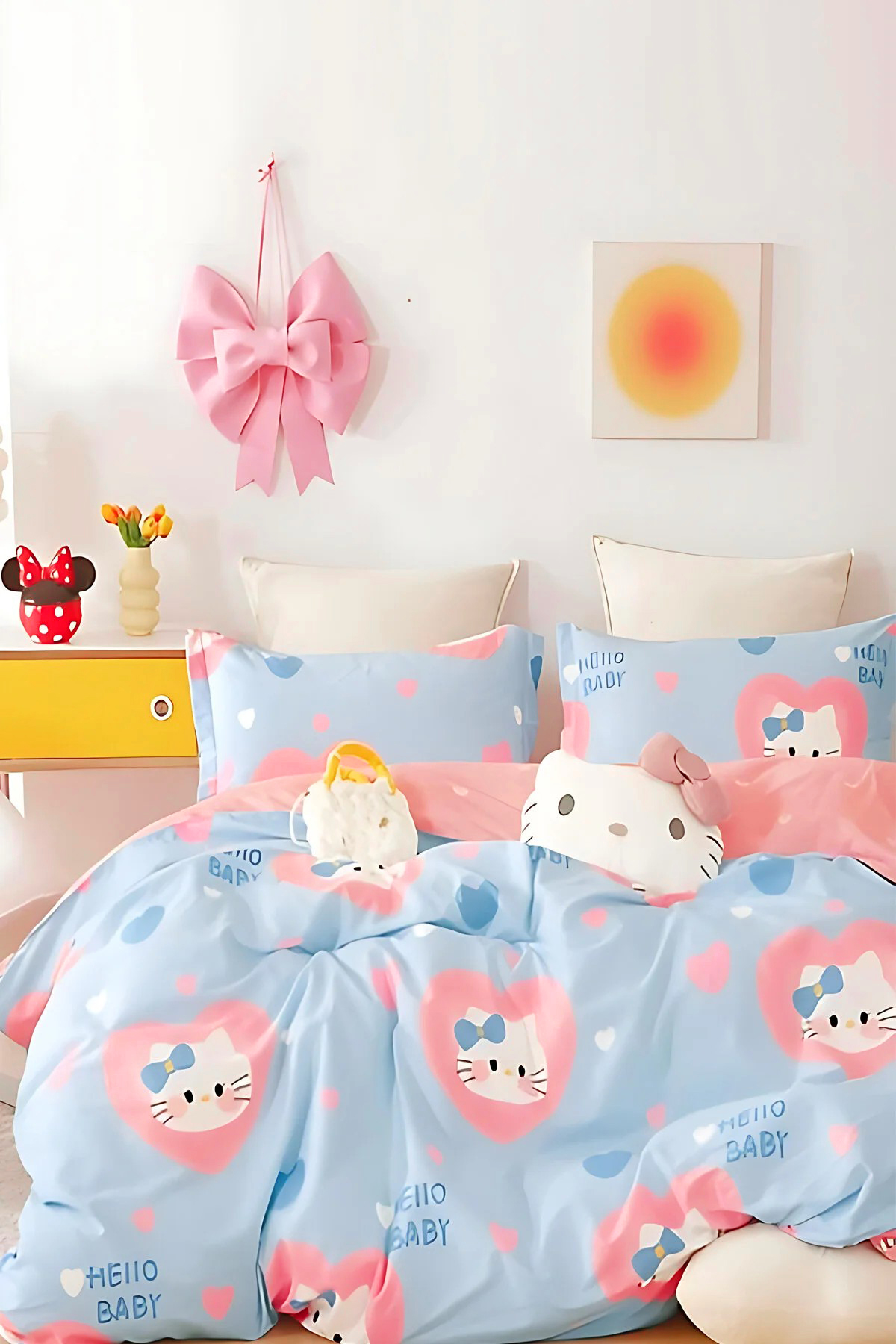 Lastikli Çarşaflı Nevresim Takımı Tek Kişilik Hello Kitty Turkuaz