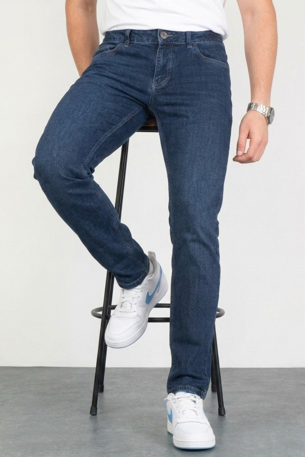 HLT JEANS Keven Koyu Mavi Taşlamalı Slim Fit Likralı Esnek Kot Pantolon görsel 5