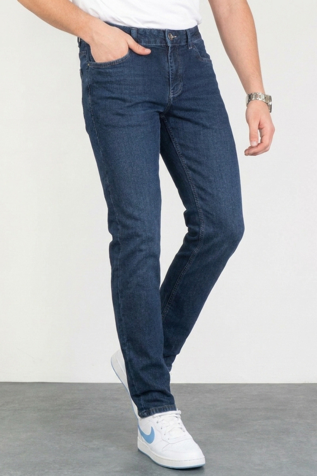 HLT JEANS Keven Koyu Mavi Taşlamalı Slim Fit Likralı Esnek Kot Pantolon