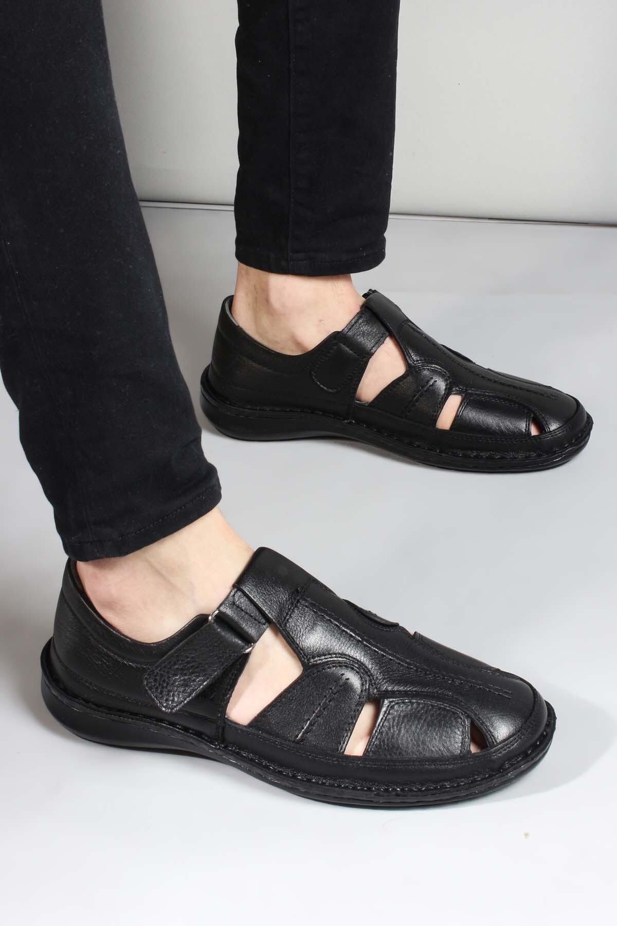 FAST STEP Hakiki Deri Siyah Erkek Klasik Sandalet 662MA119B görsel 6