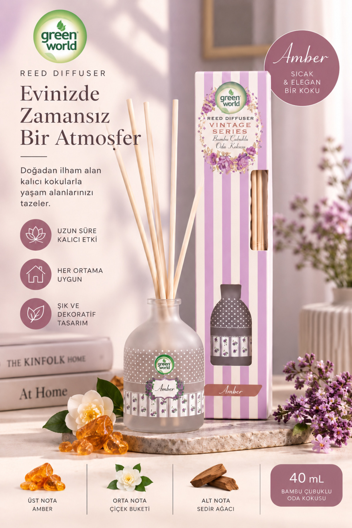 Green World Vintage Bambu Çubuklu Oda Kokusu 40 ml - Amber