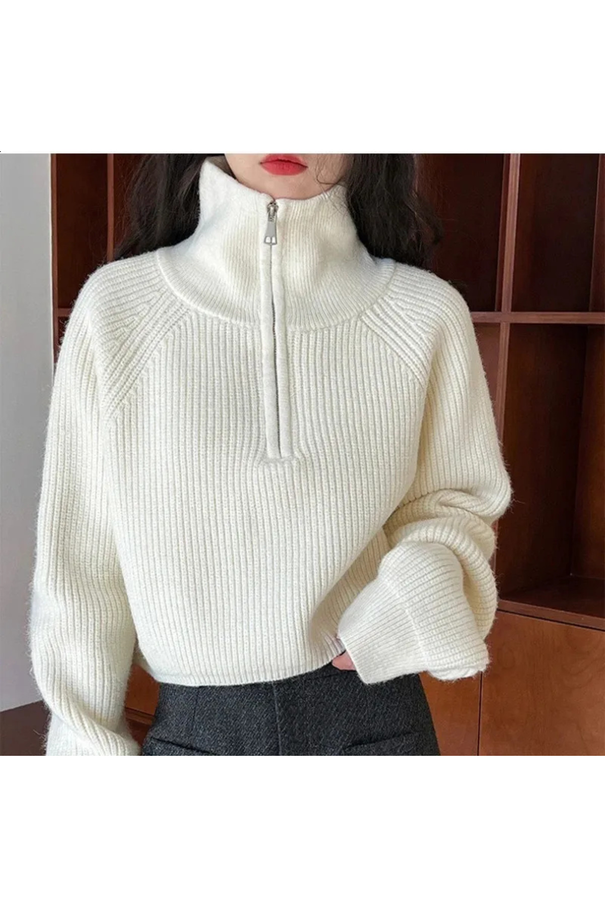 NATUFIAN STORE Kadın Devrik Yaka İtalyan Kol Oversize Basic Triko Kazak görsel 4
