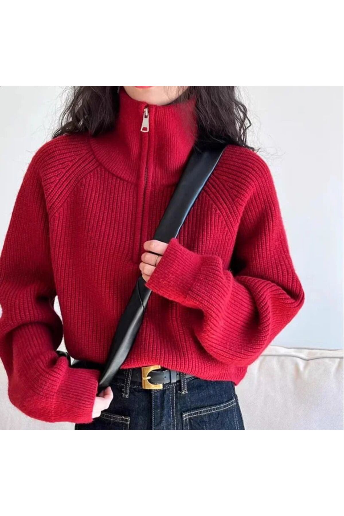 NATUFIAN STORE Kadın Devrik Yaka İtalyan Kol Oversize Basic Triko Kazak görsel 3