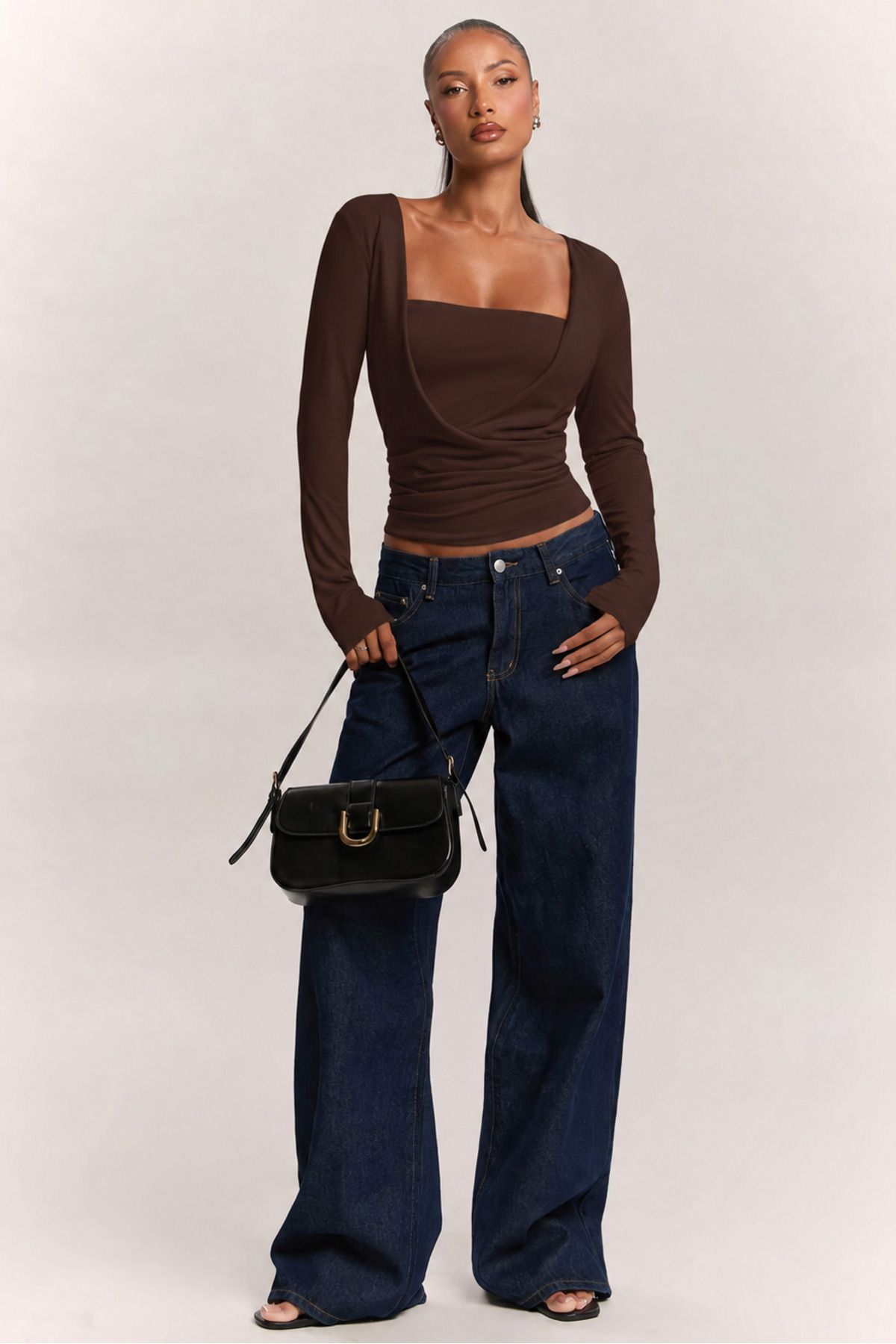 World Fashion Trends Kare Yaka Büzgülü Kahverengi Uzun Kollu Bluz görsel 2