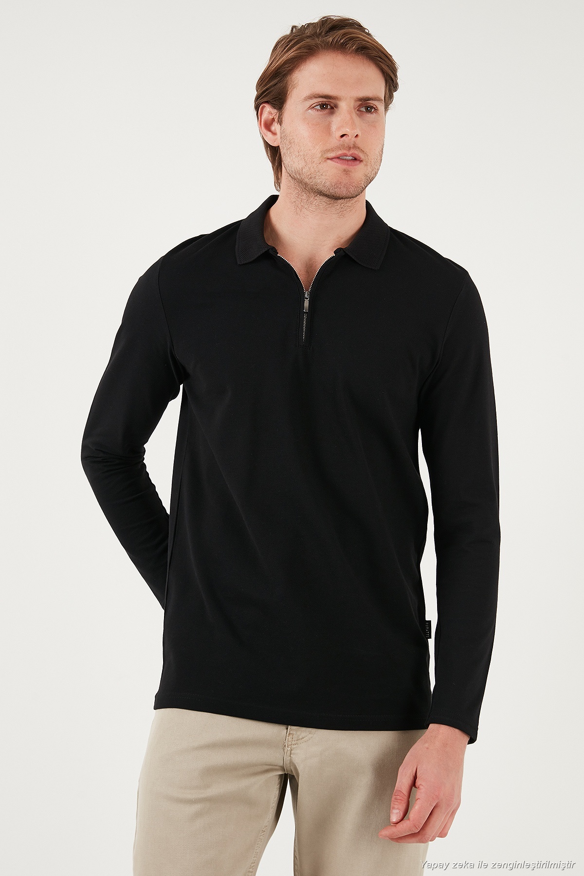 Pamuklu Slim Fit Yarım Fermuarlı Polo Yaka Sweat Erkek SWEAT 5903010 — مشکی — تصویر 5 از 7