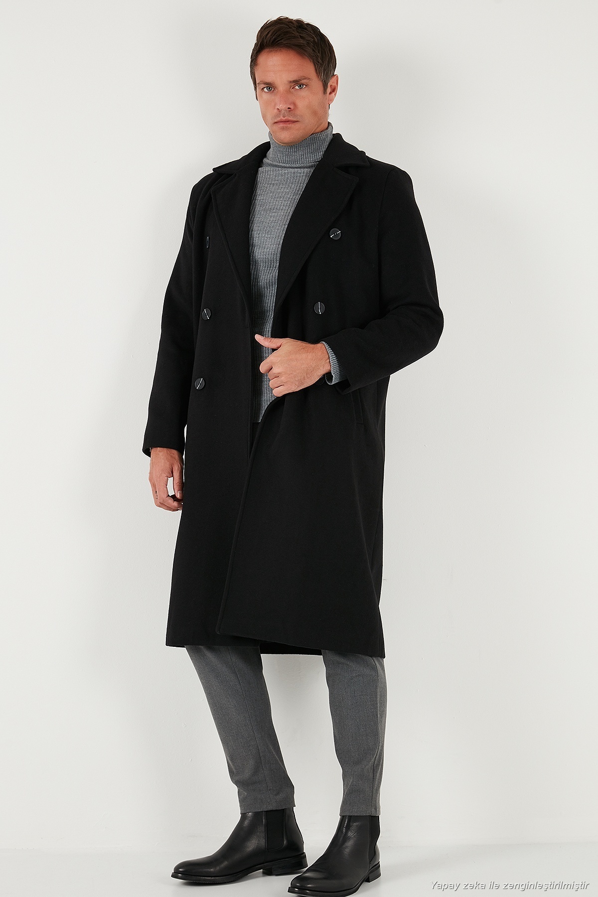 Buratti Loose Fit Kruvaze Yaka Uzun Astarlı Kaşe Kaban Erkek KABAN 681003 görsel 5